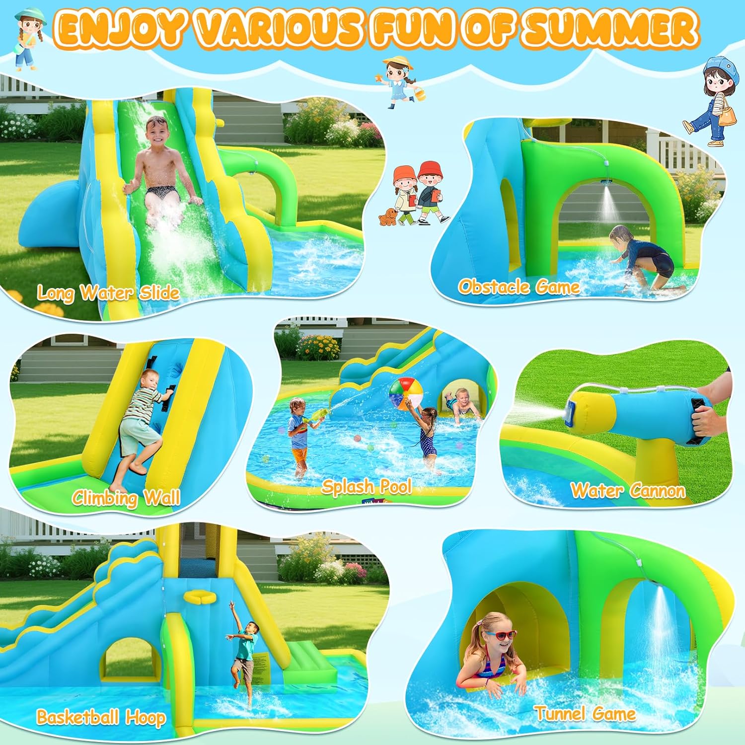 Whubefy 16.4x10 FT Mega Inflatable Water Slide for Kids Backyard w/Long Slide & Tunnel, 13-in-1 Blow Up Waterpark w/Giant Splash Pool, Climbing Wall, Obstacle Door, Basketball Rim, Water Cannon