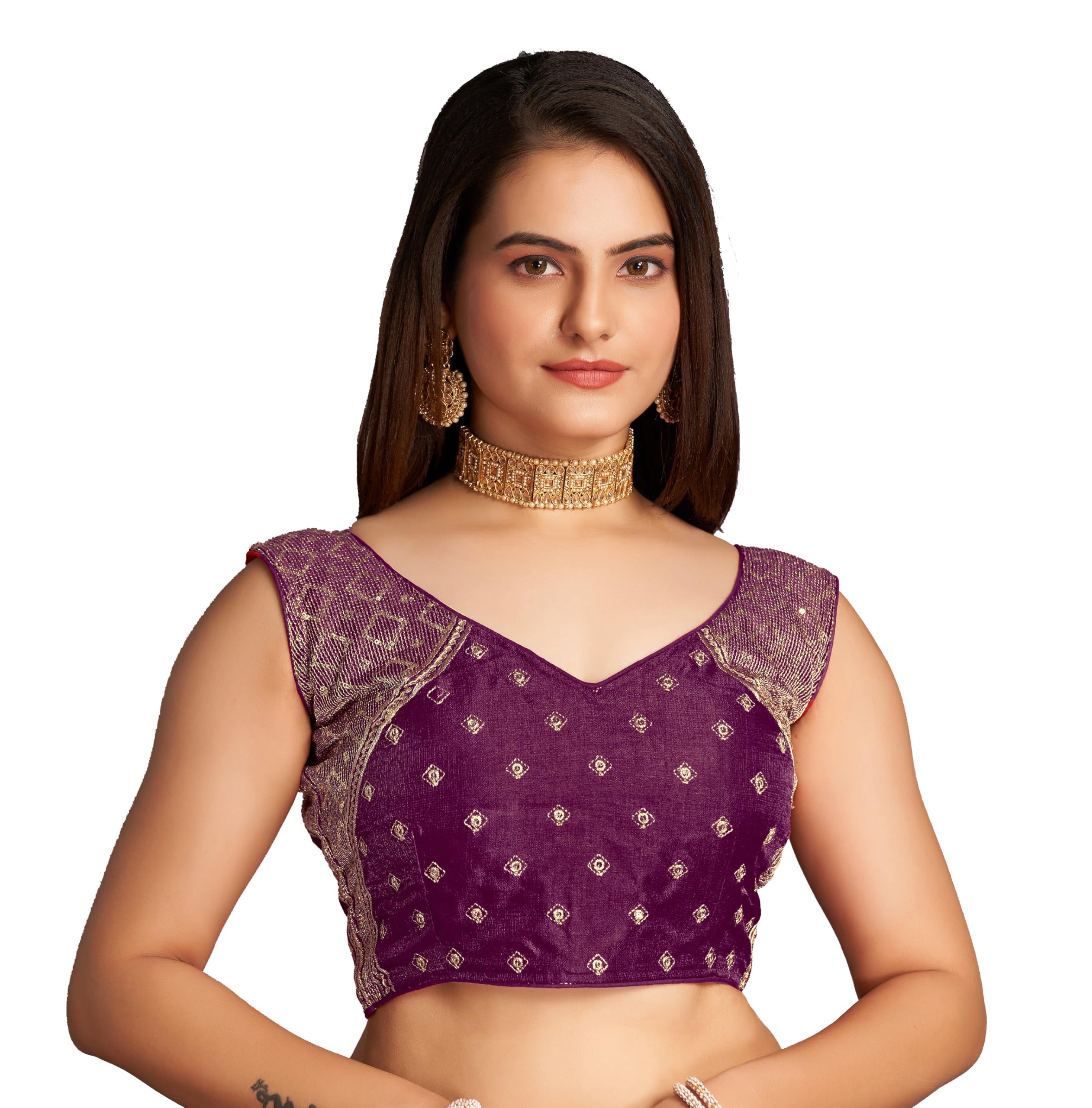 Pujia Mills Women's Sequin Embroidered V Neck Sleeveless Wine Readymade Saree Blouse Indian Ethnic Stitched Padded Blouses For Women