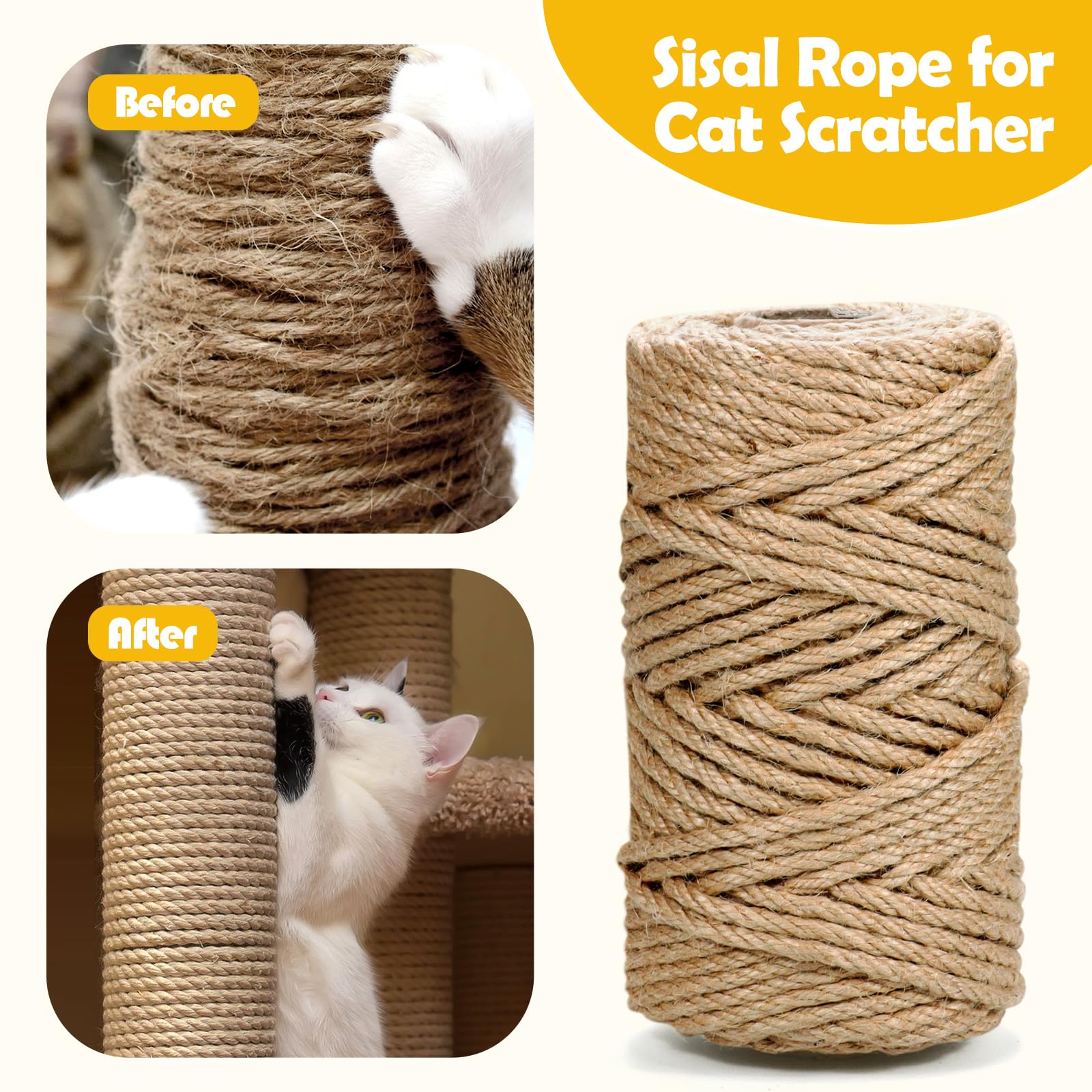 60M Sisal Rope for Cat Scratcher 6MM Sisal Rope, Cat Scratching Post Replacement, Gardening Bundling, Craft Decoration - Image 4