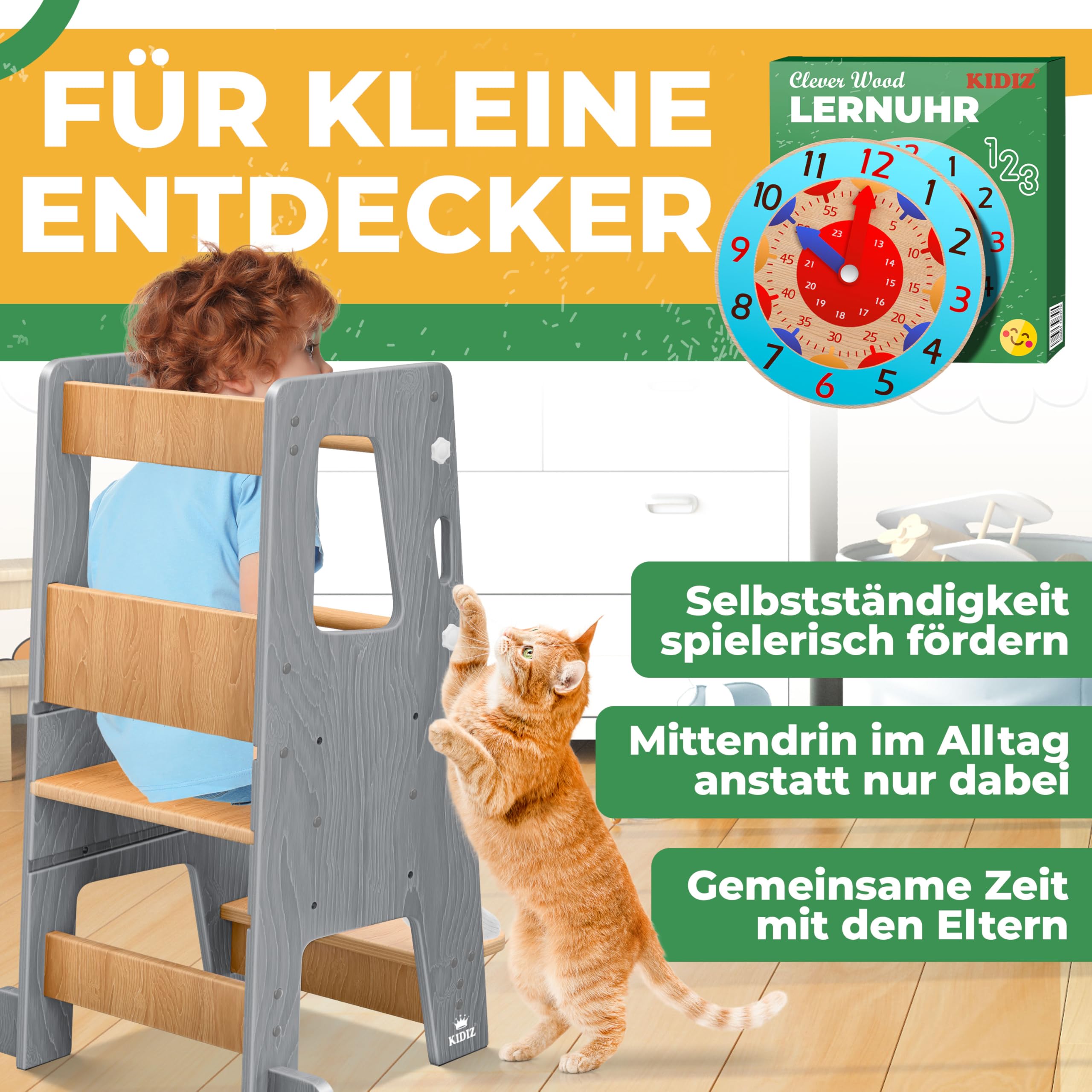 KIDIZ® Tour d'apprentissage pour enfants à partir de 1 an avec horloge d'apprentissage | Marchepied réglable en hauteur sur 3 niveaux en bois de pin | Favorise la motricité ludique et la tour
