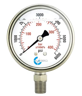 2" Pressure Gauge, Stainless Steel Case, Chrome Plated Brass Connection, Liquid Filled, 0-6000 psi/kPa, Lower Mount 1/4" NPT