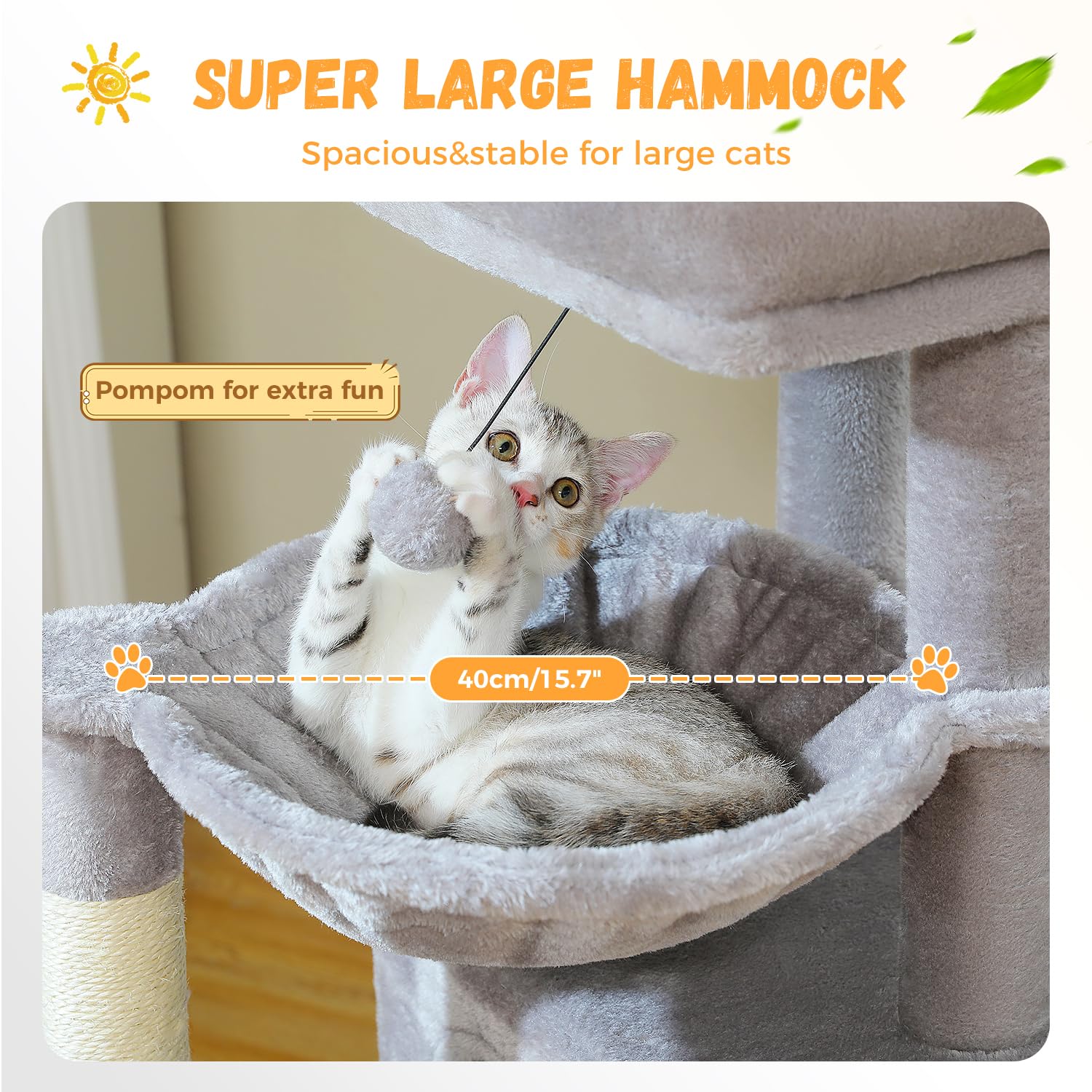PETEPELA Árbol para gatos de 104 cm con 2 amplias cuevas para gatos de interior, casa para gatos con cómoda hamaca de 40 cm, barra de asiento acolchada, afilador de uñas y pelota de juego desmontable