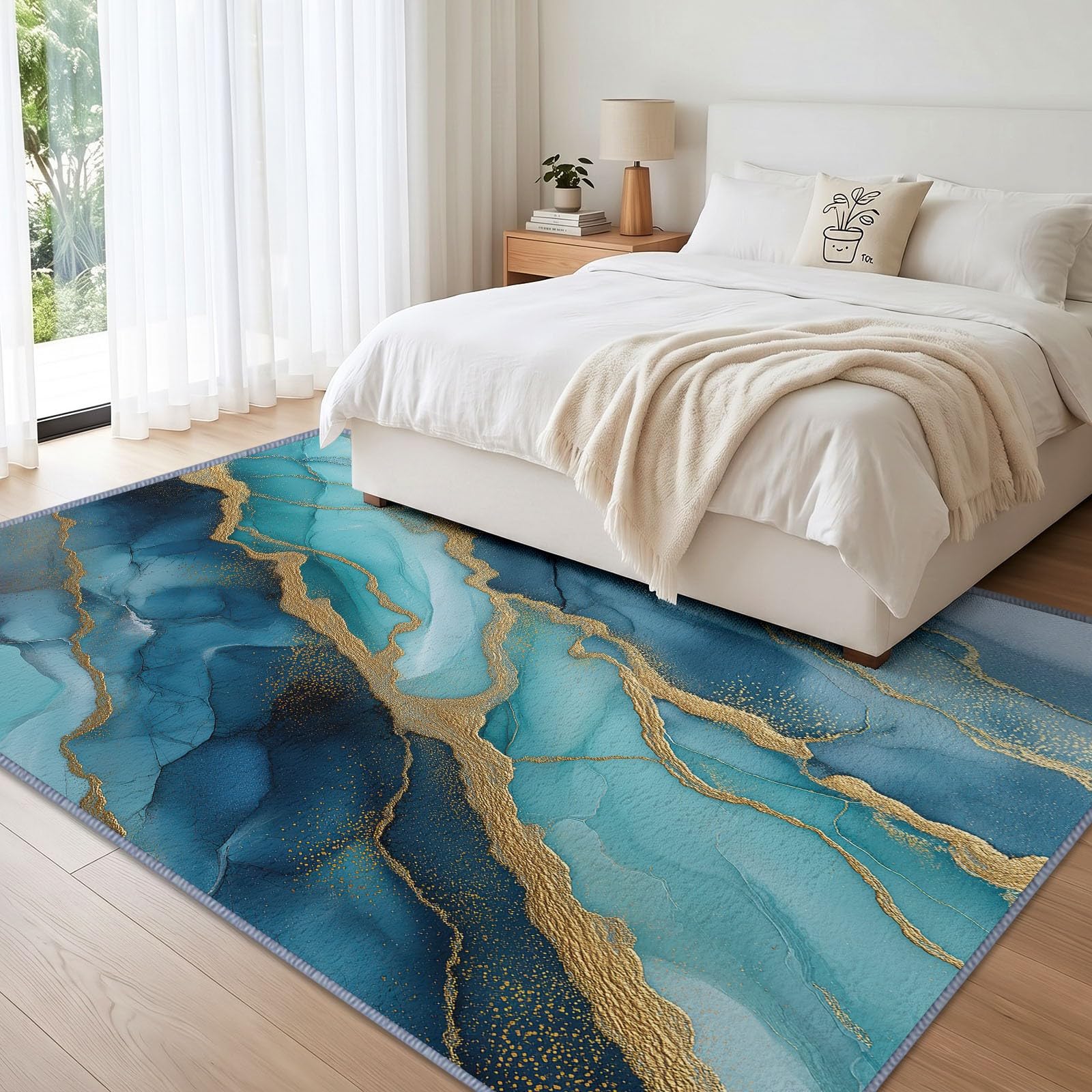 Générique Tapis Salon Moderne Marbre Lavable 180 x 240 cm, Tapis à Poils Courts Motif Feuille d'or Effet Craquelé Antidérapant Doux Idéal pour Salle À Manger Chambre d'enfant Bureau