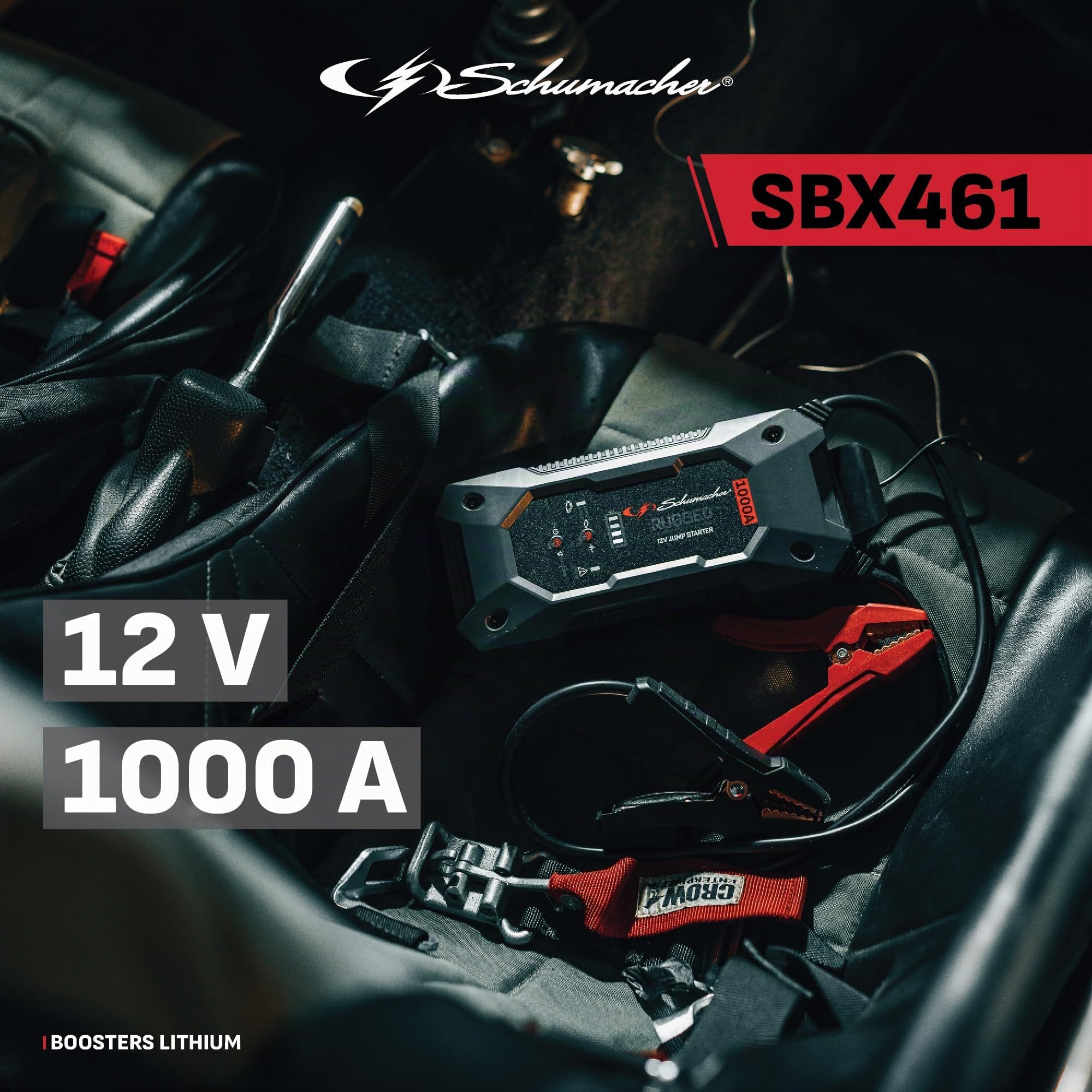 Schumacher Electric SBX462 Booster Batterie Voiture 1500A 12V | Démarreur Lithium Sécurisé, Pinces Intégrées, Essence 7L / Diesel 5L, Chargeur USB, Lampe LED, Override et Pre-Boost