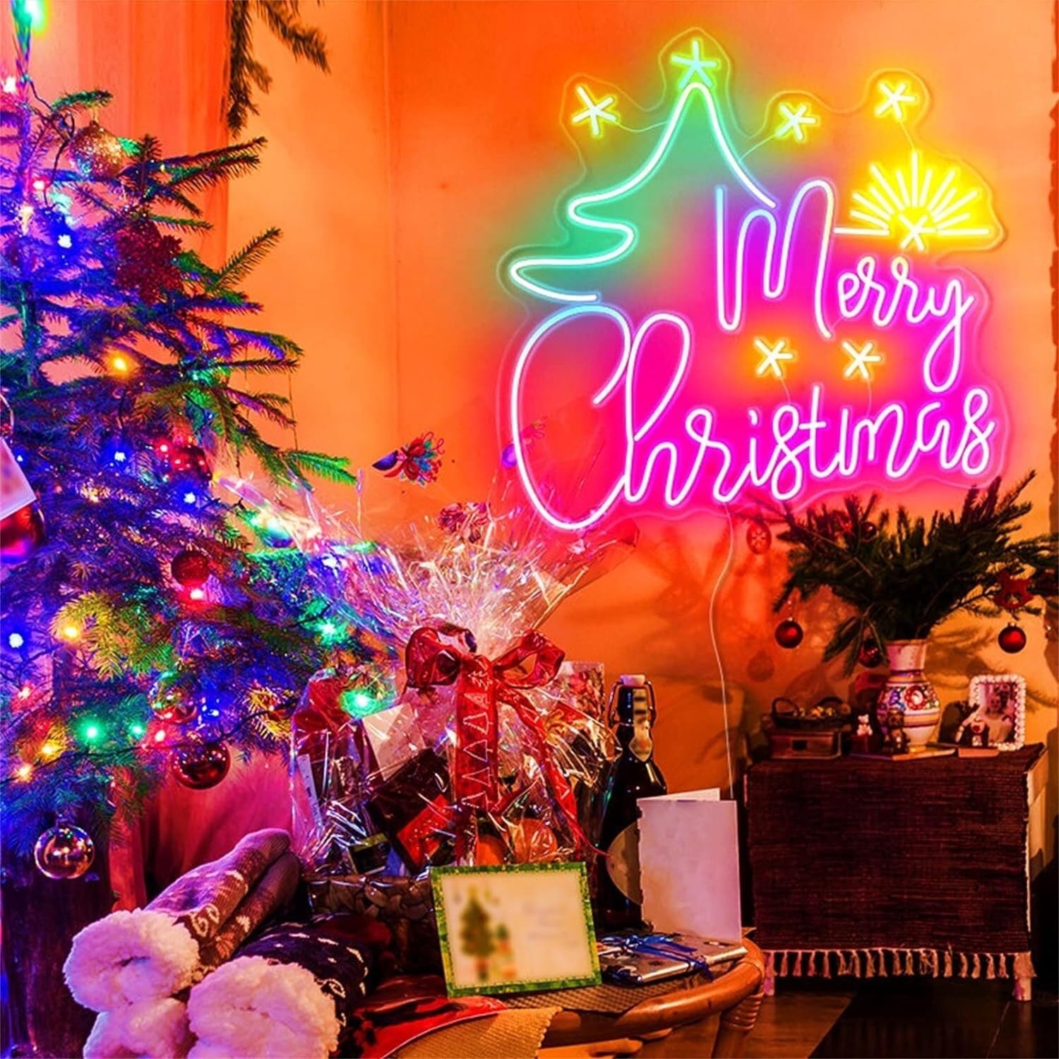 Letrero de neón LED Feliz Navidad neones, decoración de pared de neón para sala de bar, tienda, 70 x 60 cm (rosa)