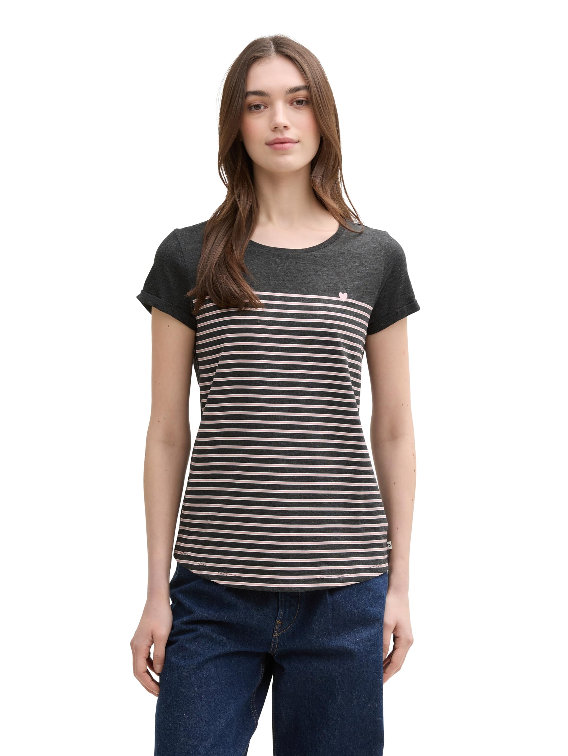 TOM TAILOR Denim Damen Streifen T-Shirt mit Herz-Stickerei auf der Brust