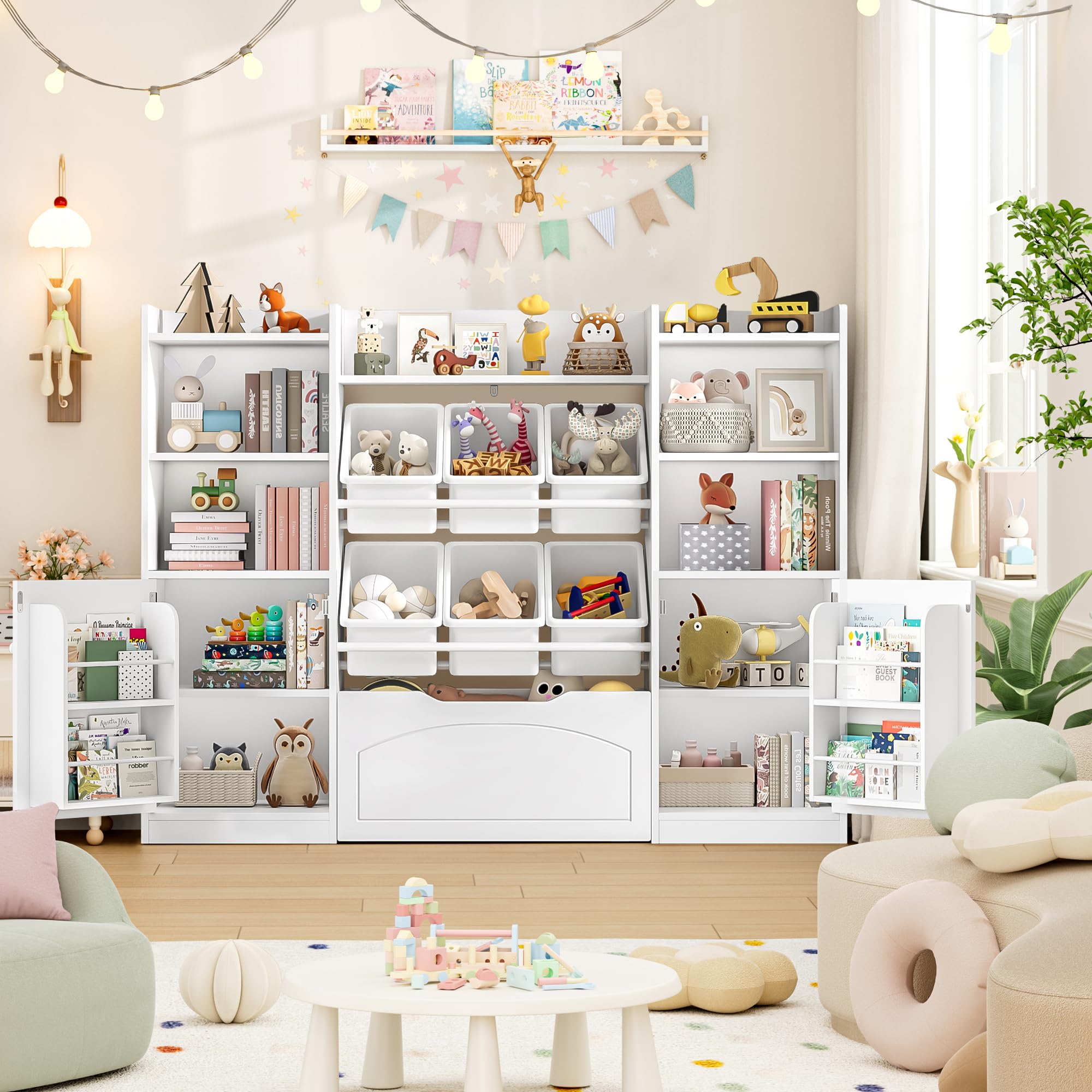 FINETONES 55” Toy Storage Organizer with Removable Bins, 5-in-1 Kids Bookshelf with Movable Chests and Book Shelves Behind The Doors, Toy Organizer Playroom with 6 Toy Bins and 8 Storage Cubes, White