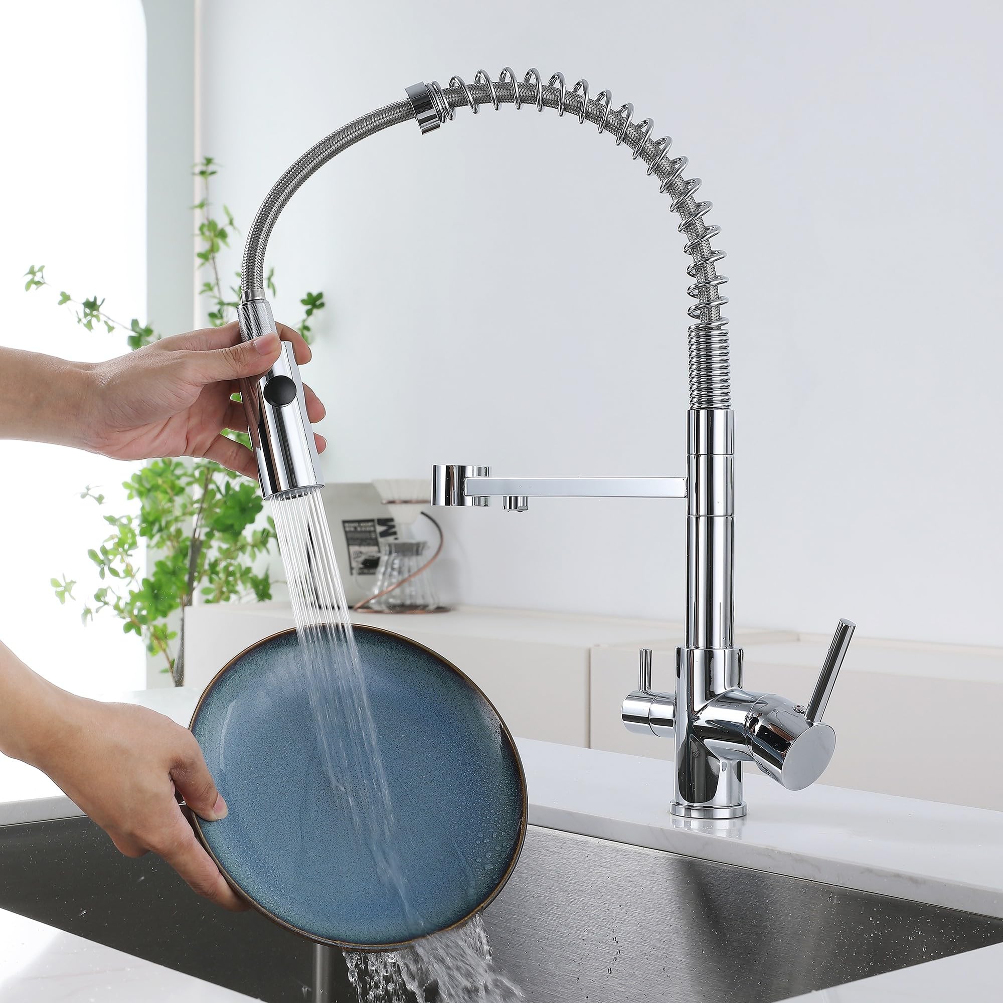 Rubinetto Da Cucina A 3 Vie In, Girevole A 360°, 3 in 1 Per Filtro Dell'Acqua, Rubinetto Cucina Con Doccetta Estraibile (Chrome)