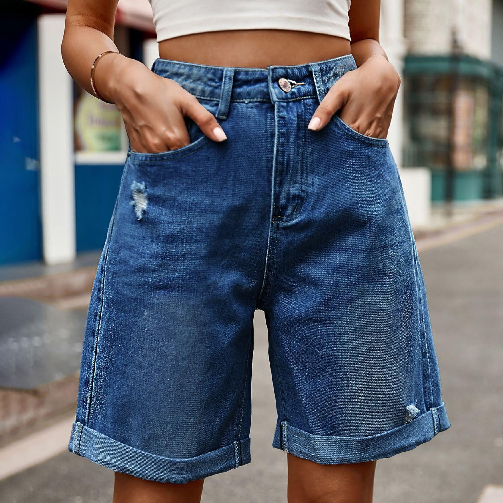 Short in Jeans Donna Bermuda a Vita Alta, Gamba Ampia, Risvolto, Cinque Tasche, Chiusura Bottone Zip, Casual
