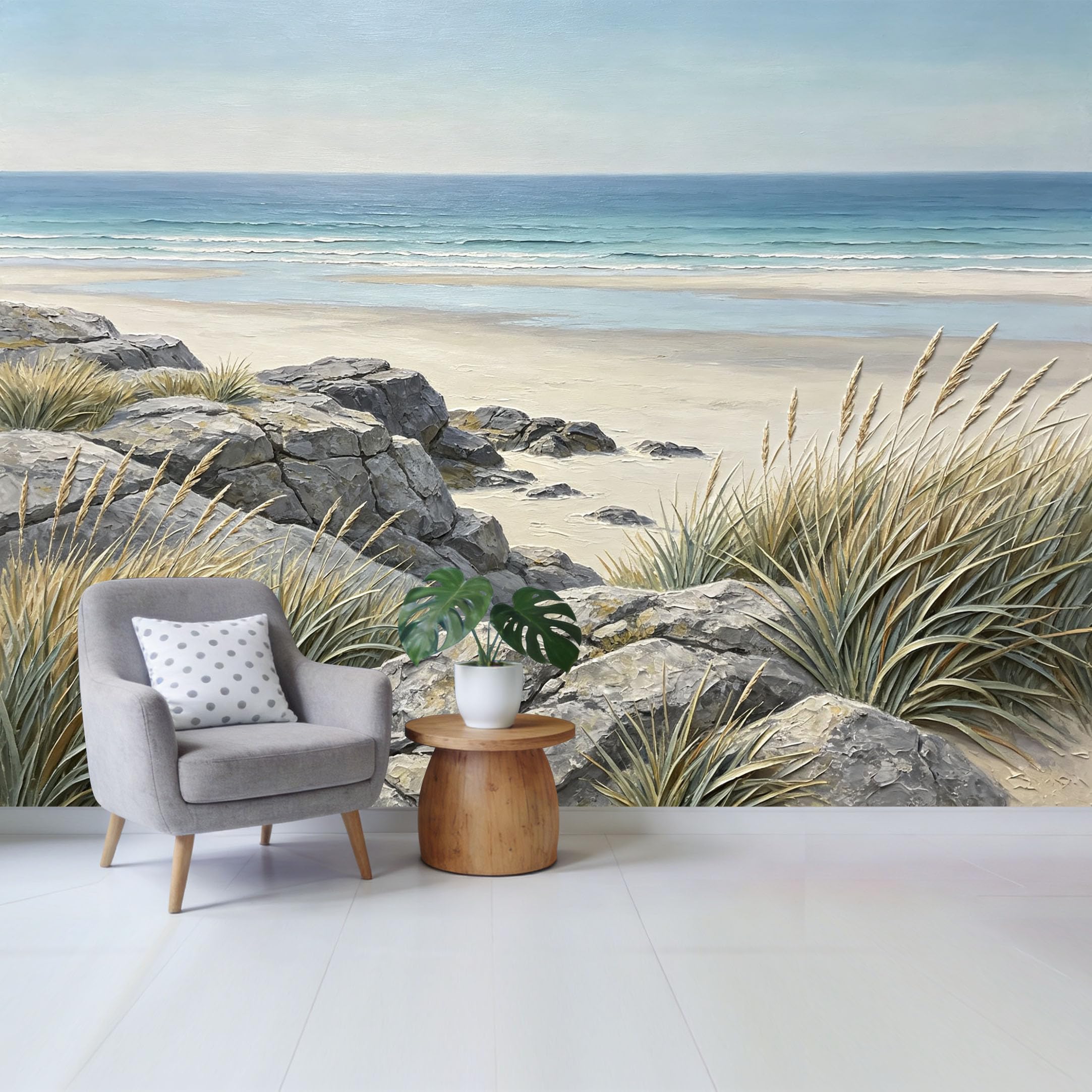 Qzlithotic Yq2605250942 Custom Size Wall Mural Coastal Shoreline Oil Painting Ocean Landscape Beach Rocks Selfadhesive Wall Fabric Removable Wallpaper For Home Office Decor
