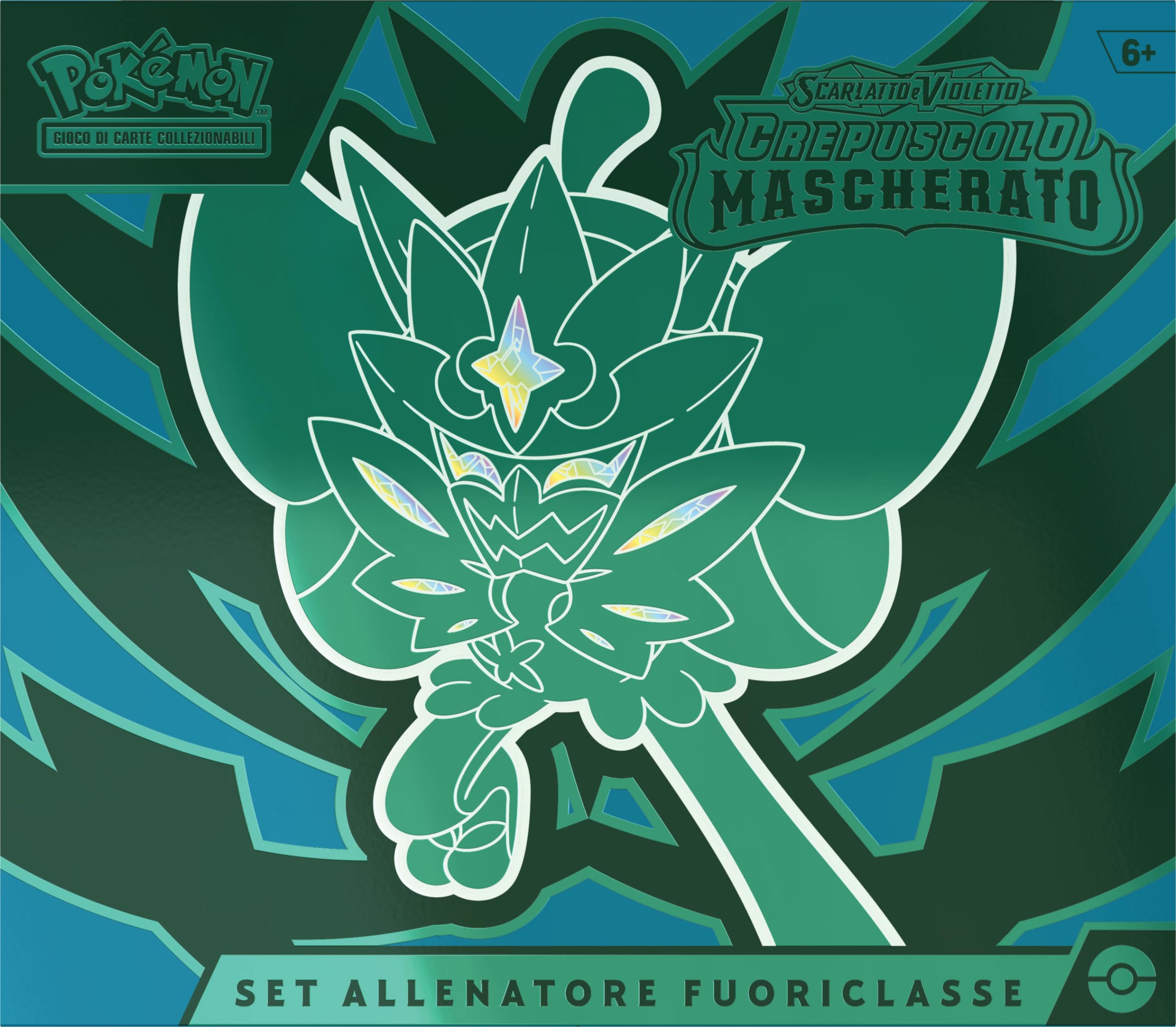 Set Allenatore Fuoriclasse dell’espans. Scarlatto e Violetto - Crepuscolo Mascherato del GCC Pokémon (1 carta promoz. di Ogerpon Maschera Turchese, 9 buste di espans. e accessori premium), italiano