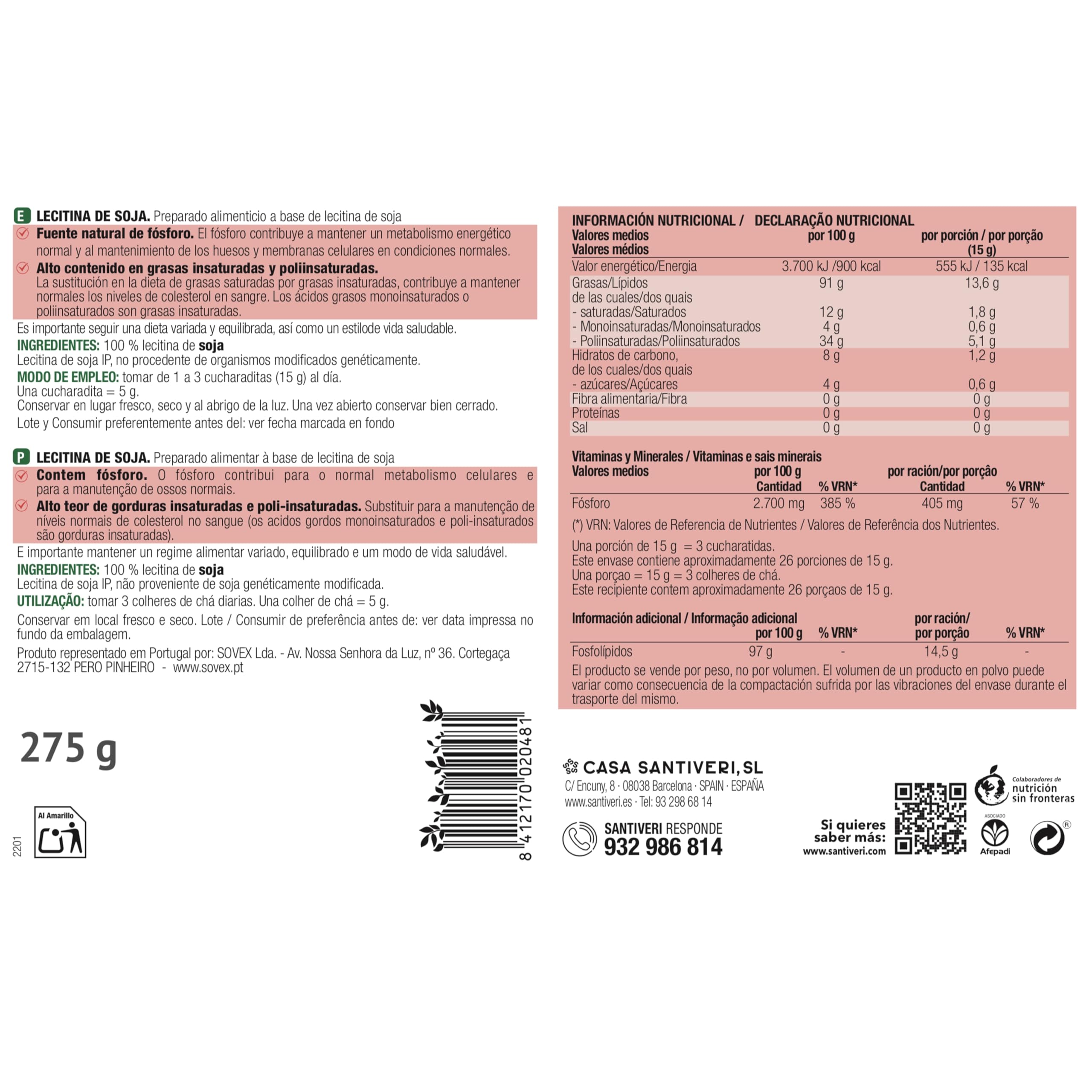 SANTIVERI Lecitina de Soja Bote 275 gr