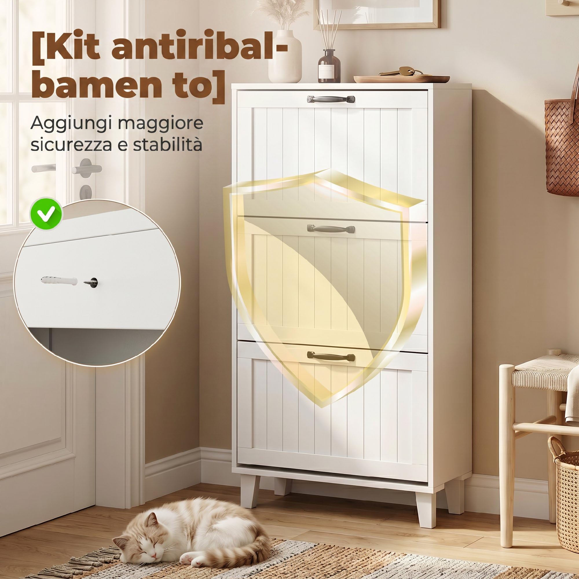 HOMCOM Scarpiera Salvaspazio Slim con 3 Ante a Ribalta 60x24x118cm Bianco | Scarpiera Ingresso, Ripiani Regolabili, Gambe in Bambù, Maniglia, Porta Scarpe per 15-18 Paia, per Ingresso Corridoio