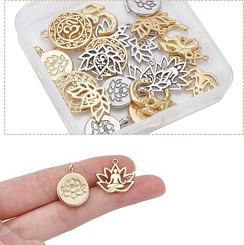 Miniatura 3 de SUNNYCLUE 24 piezas de 8 estilos mixtos de Lotus Yoga OM OHM dijes de flores, accesorios para hacer joyas, suministros de accesorios para