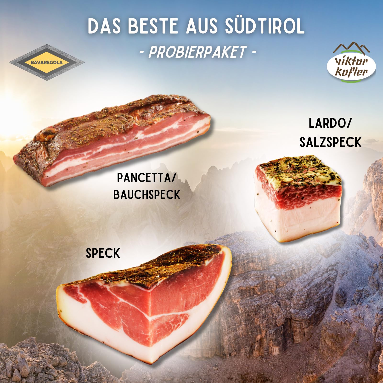BAVAREGOLA Speck Spezialitäten Probierset - Südtiroler Speck, Pancetta und Lardo Salzspeck von Viktor Kofler im Set - herzhaftes Geschenk für Männer