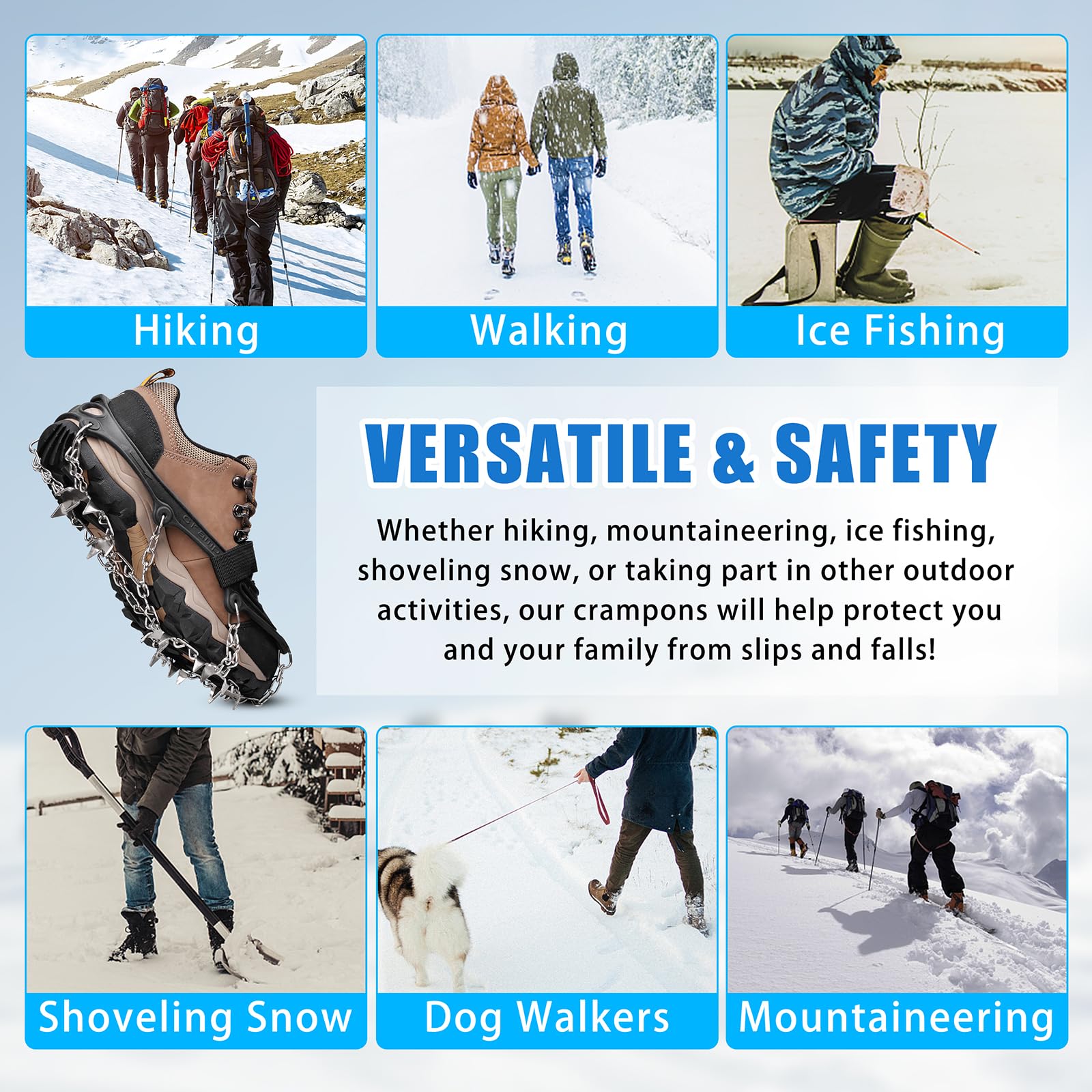 Crampons à 19 pointes antidérapantes pour chaussures et bottes, crampons de traction pour bottes de randonnée, bottes de randonnée, protection sûre pour la marche d'hiver, la randonnée, la pêche sur
