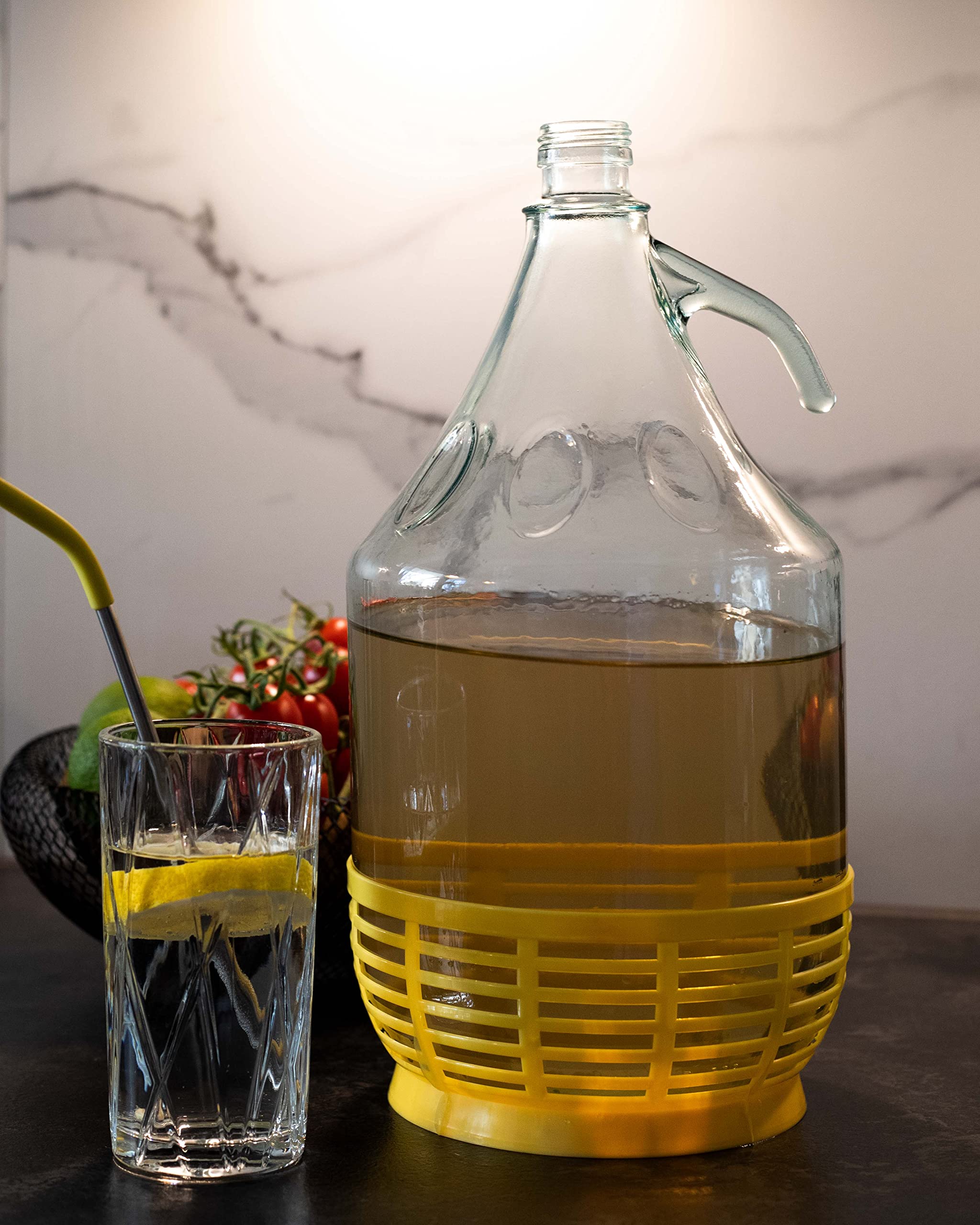 Bouteille bonbonne à col étroit avec bouchon à vis fixe et panier pour la fabrication du vin, stockage de boissons, service en verre transparent, 2 pièces x 5 L