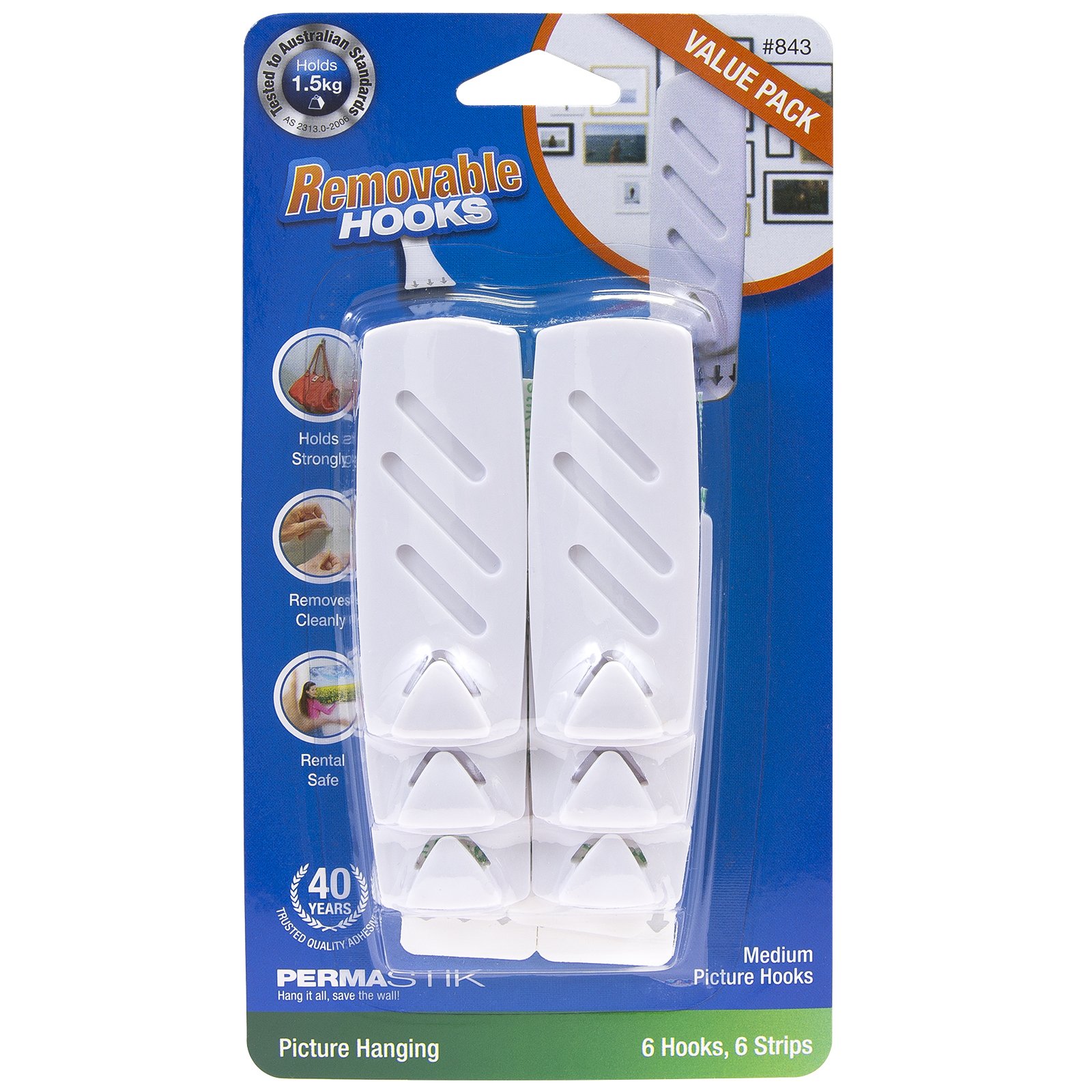 Permastik White Removable Utility Picture Hangers Value Pack, 6 Hooks & 6 Adhesive Strips, Holds 1.5Kg Each,