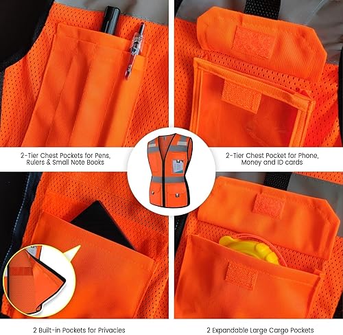 Miniatura 4 de Chaleco de seguridad para mujer con 11 bolsillos y cremallera, chaleco reflectante de alta visibilidad ajustado, chaleco de seguridad de neón para