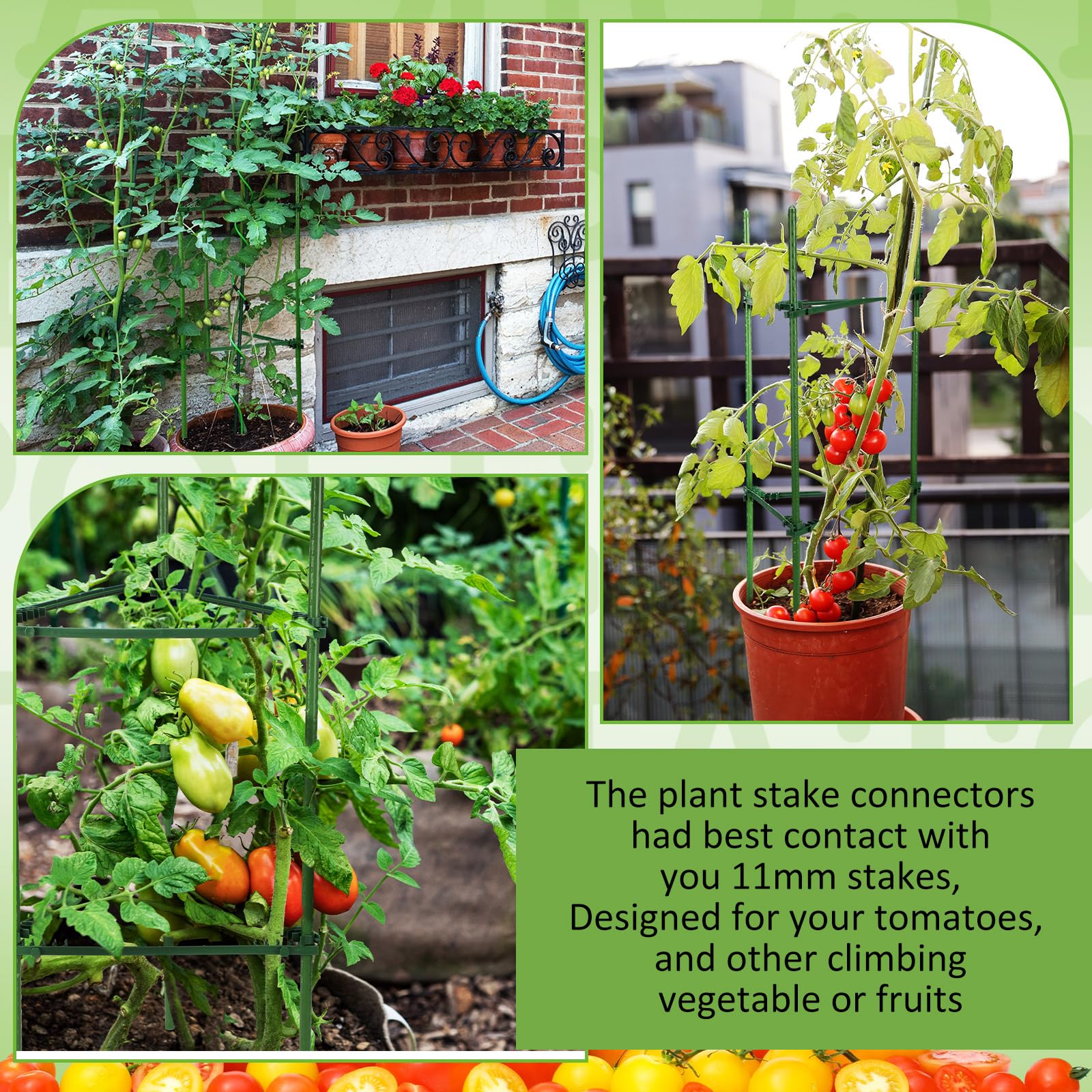 Threehoney 50 brazos de estaca para jaula de tomate, conectores de enrejado expandibles de 11 pulgadas con 6 hebillas, conector de enrejado de jaula de tomate para jaula de tomate, plantas trepadoras