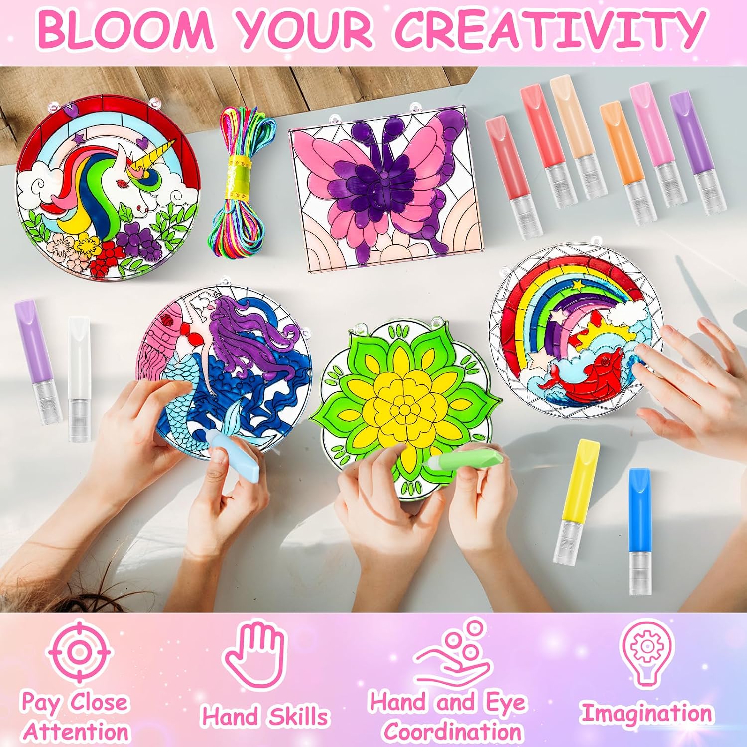 MakeBloom 5PCS Suncatcher Craft Kits for Kids with Pigments,DIY Window Art Stained Glass Painting Kit,Birthday Gift,Classroom Craft Supplies for Ages 3+(Rainbow,Dolphin,Mandala,Mermaid,Unicorn)