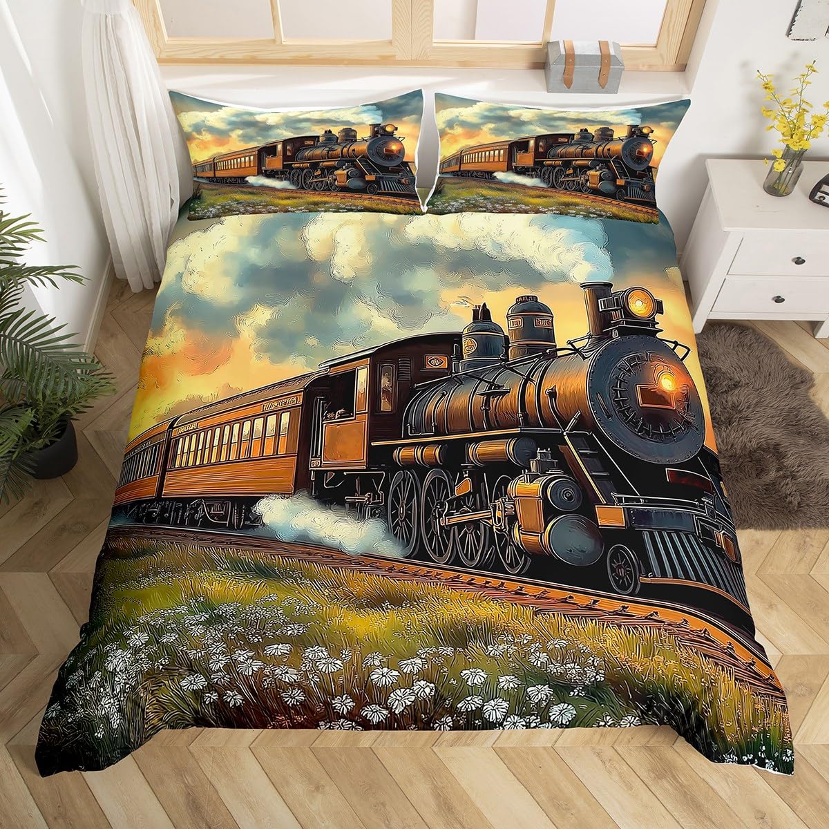 Homewish Boys Vintage Train Bedding Set King,Steam Train Railroad Duvet Cover for Kids Adults,Transportation Trains Duvet Cover Rustic Country Bed Set 3Pcs Room Decor (No Comforter)
