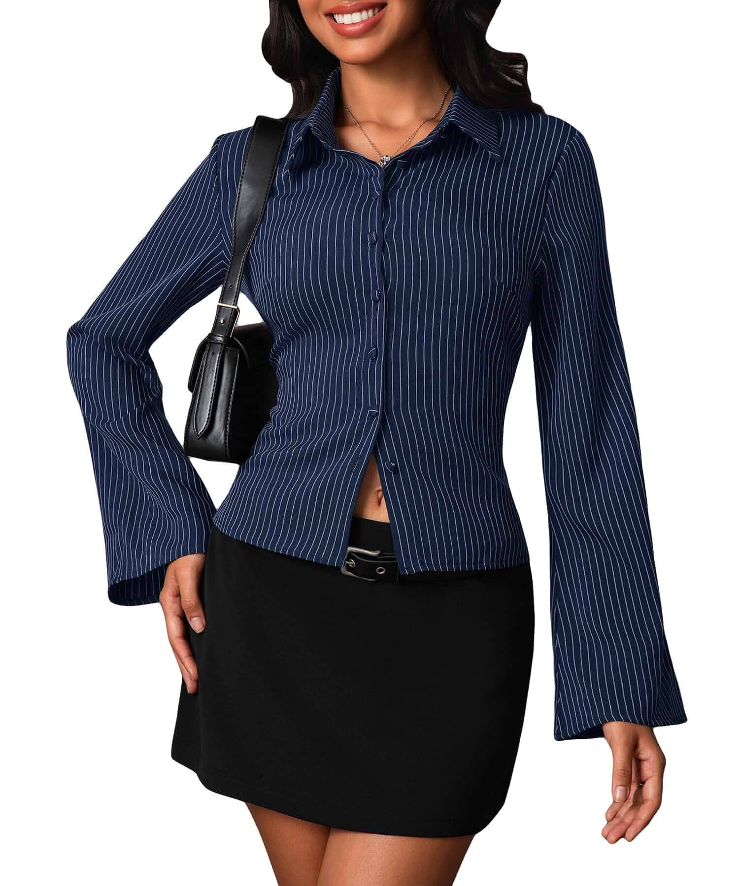 Women Striped Fitted Button Down Shirts Bell Long Sleeve Shirt Office Work Blouse Tops Regular Fit