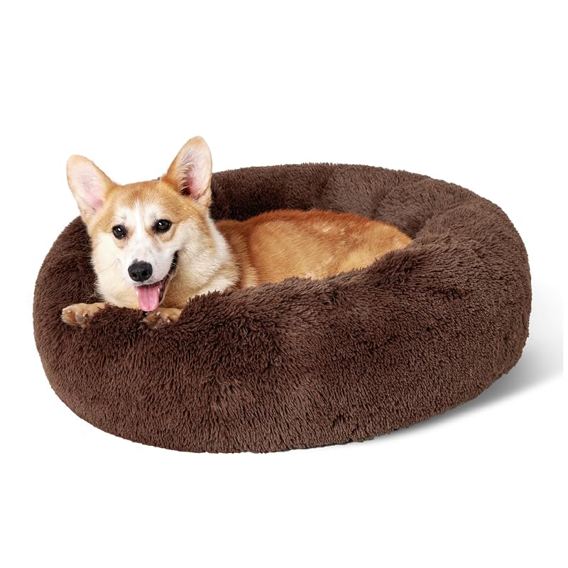 Cama Donut Redonda para Cães de Porte Grande Bedsure em Poliéster com Borda Elevada e Base Antiderrapante, Coffee, 83,82 x 83,82 x 20,32 cm