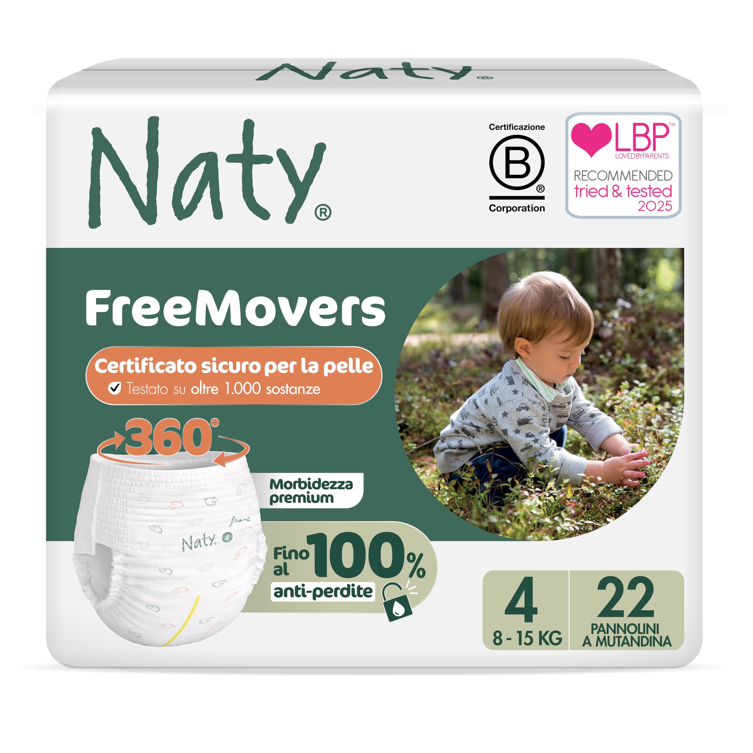 Naty FreeMovers Pannolini a Mutandina Taglia 4 (8–15 kg) 22 pezzi Ipoallergeniche Assorbente 12h Protezione Senza Profumo