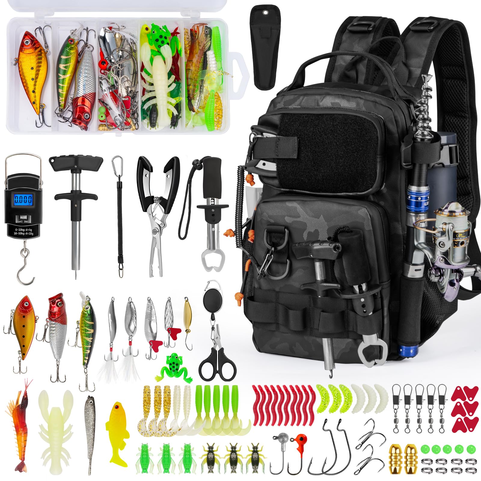 THKFISH Kit di attrezzi da pesca, zaino e scatola per attrezzatura con attrezzatura inclusa, esche, ami e piombini, kit di accessori, pinze, pinza per labbro, attrezzatura da pesca e regalo da pesca