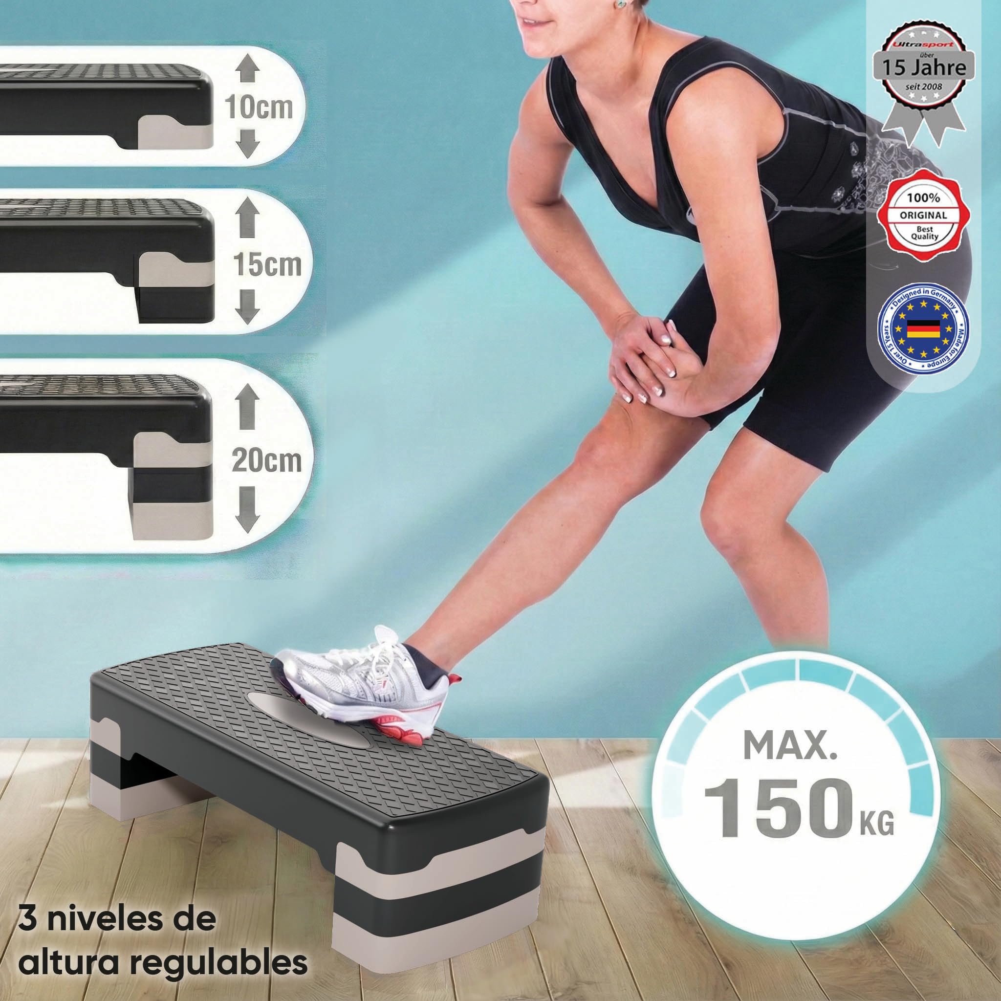 Ultasport Step de Aeróbic I Steps Fitness I Antideslizante, Ajustable en 3 Alturas I Stepper para Ejercicio en Casa, Stepboard, Stepbench 68 x 28 cm, Gris