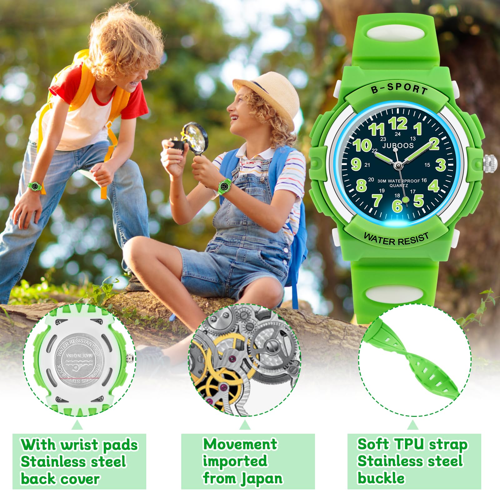 Juboos Nowy 7-kolorowy zegarek dziecięcy, dla chłopców i dziewczynek, analogowy zegarek kwarcowy z zegarkiem na rękę, kauczuk, wodoszczelny, outdoorowy zegarek sportowy, 5-16