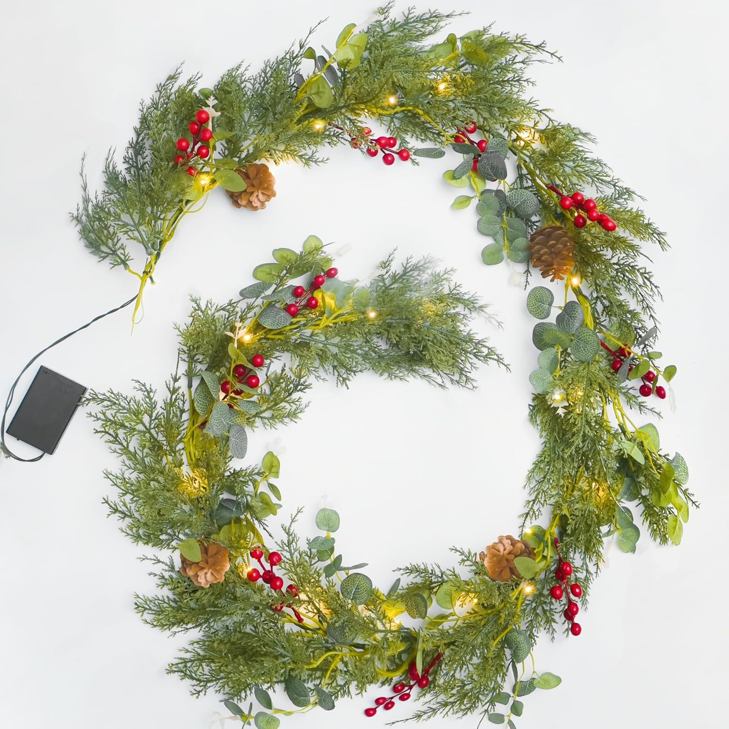 6 Foot Christmas Pine Garland with Lights Cypress and Eucalyptus,Prelit Xmas Garland Battery Operated with Timer for Outdoor Mantle Fireplace Stair Railing 6FT-2