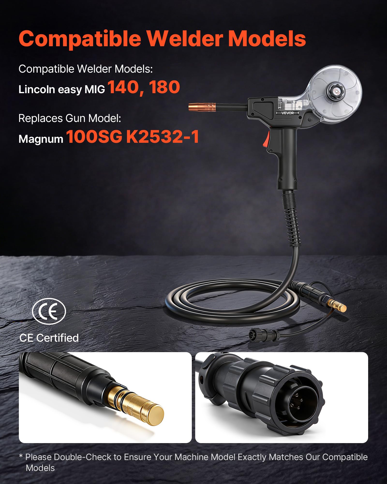 VEVOR Pistola de Carrete MIG 130A con Cable 3 m Compatible con Lincoln Magnum 100SG K2532-1 para Easy MIG 140 180 con Rodillo y Puntas de 0,8-0,9 mm, Alambre Aluminio para Reparación Taller Automotriz