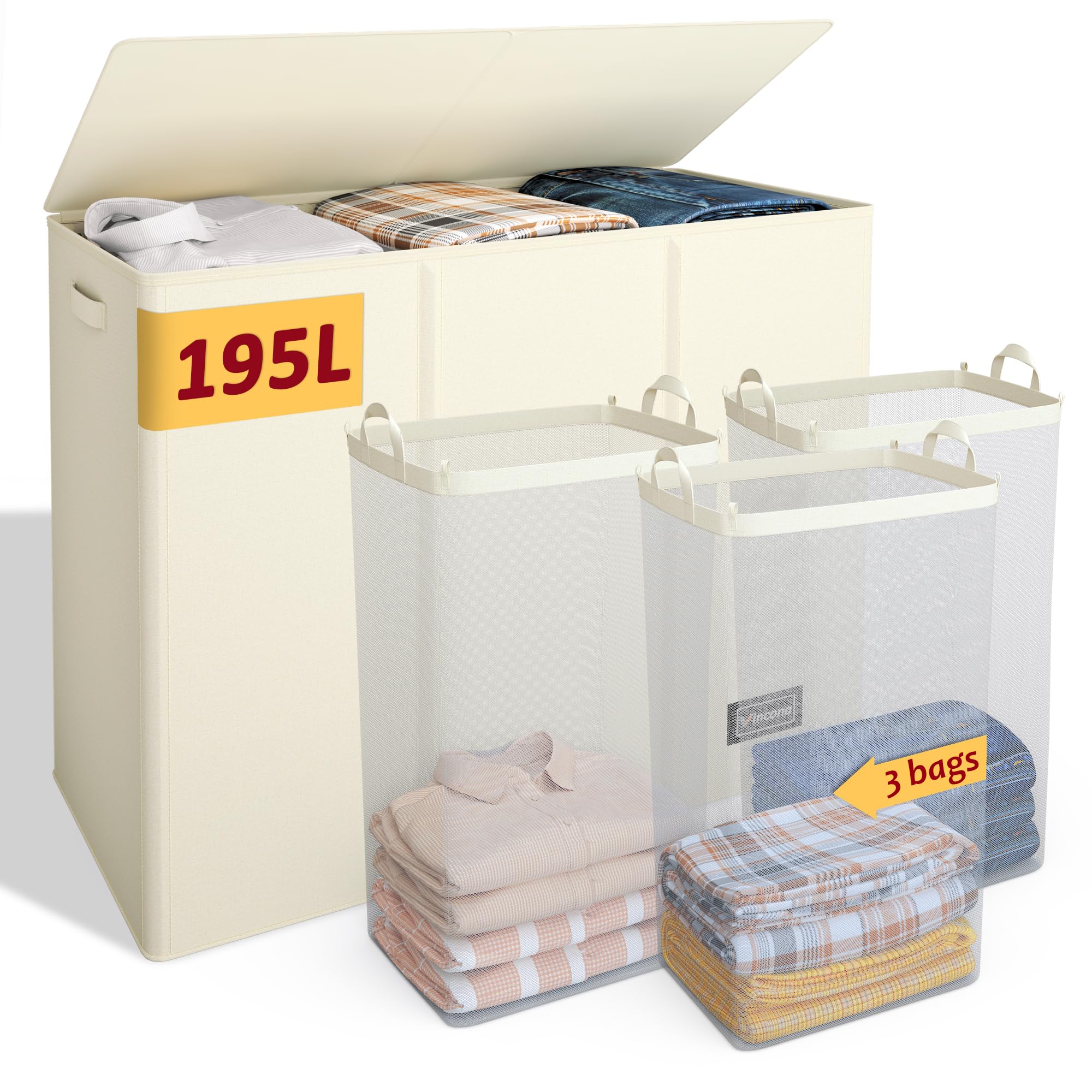 Photo 1 of 195L Laundry Hamper 3 Section,Large Laundry Hamper with Lid,Dirty Clothes Hamper with 3 Inner Bags,Collapsible Laundry Basket Organizer for Laundry Room,Bedroom,Laundry Sorter Hamper 3 Compartment