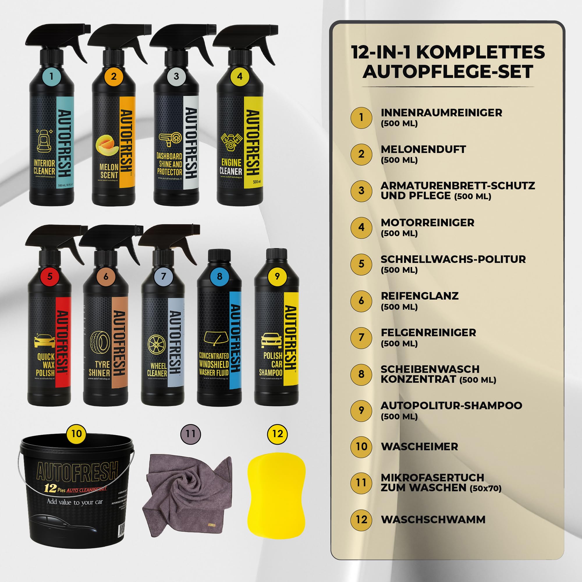 Autopflegeset 12-teilig - Auto Reinigungsset für Innen & Außen - Inkl. Autoshampoo, Felgenreiniger, Cockpitspray, Wachs, Innenraumreiniger, Schwamm & 10L Eimer - Großes Auto Putzset