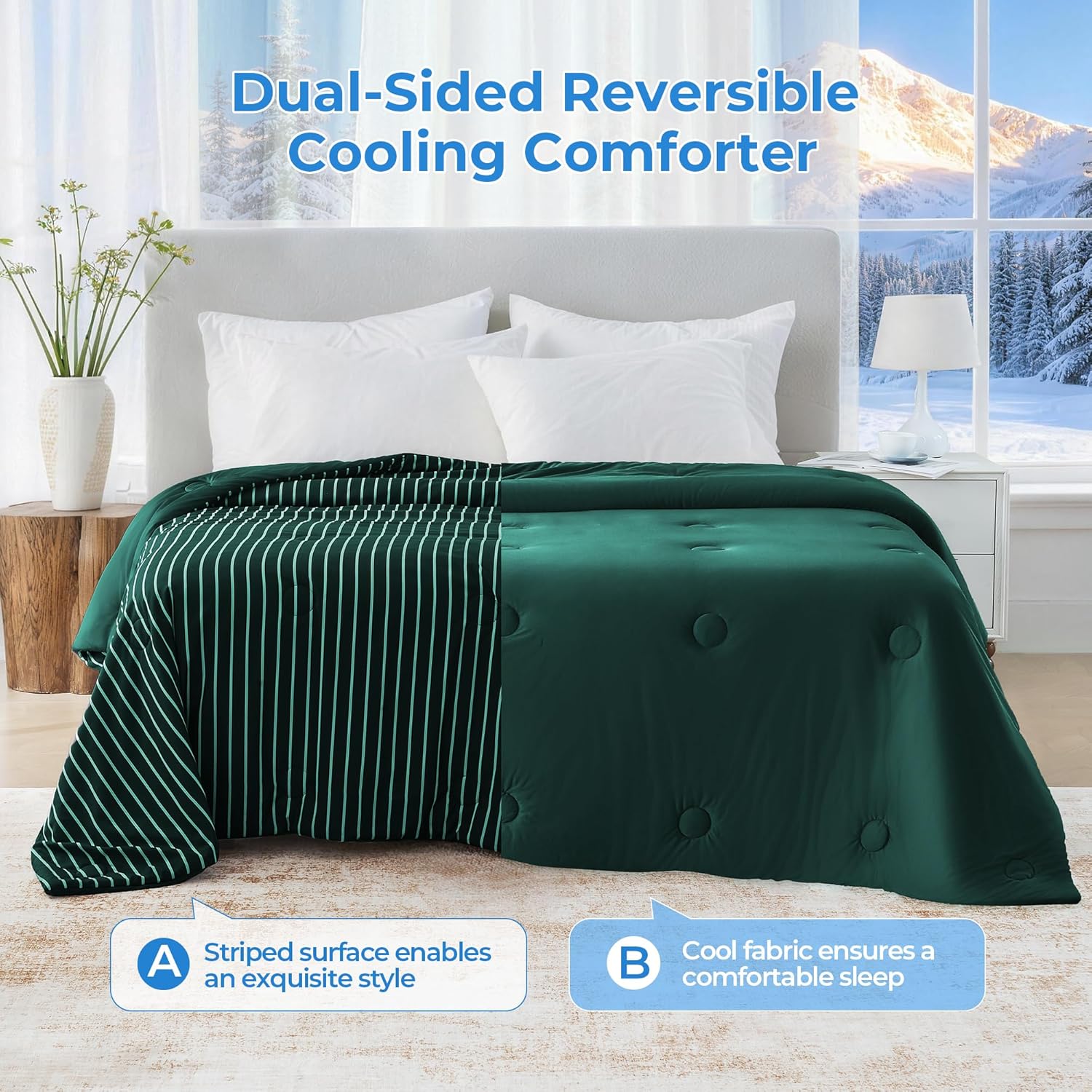 Pinstripe Cooling Comforter Queen Size, Q-Max 0.45 Reversible Striped Cooling Blanket for Hot Sleepers, Breathable Lightweight Silk Smooth Summer Bedding, Quilted Ice Blanket, Emerald Green