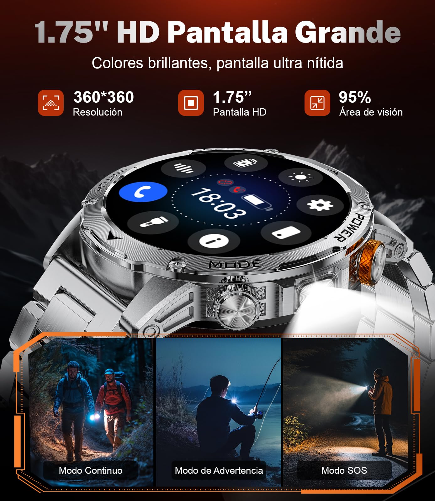 LIGE Reloj Inteligente Hombre 1000mAh/Linterna LED, 1.75" HD, Plata
