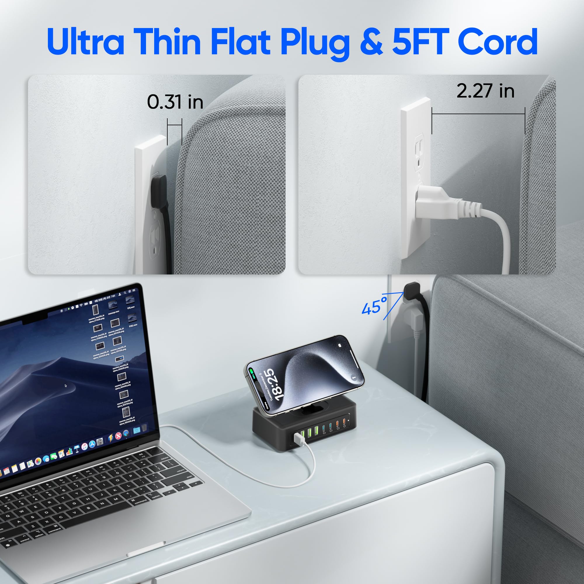 300W USB Ladestation, 11-in-1 USB C Steckdosenleiste Überspannungsschutz, 2AC-Steckdosen & 8USB-Anschlüsse, 1,5 m Flachstecker-Verlängerungskabel mit mehreren Geräten, Desktop-Ladegerät für Home
