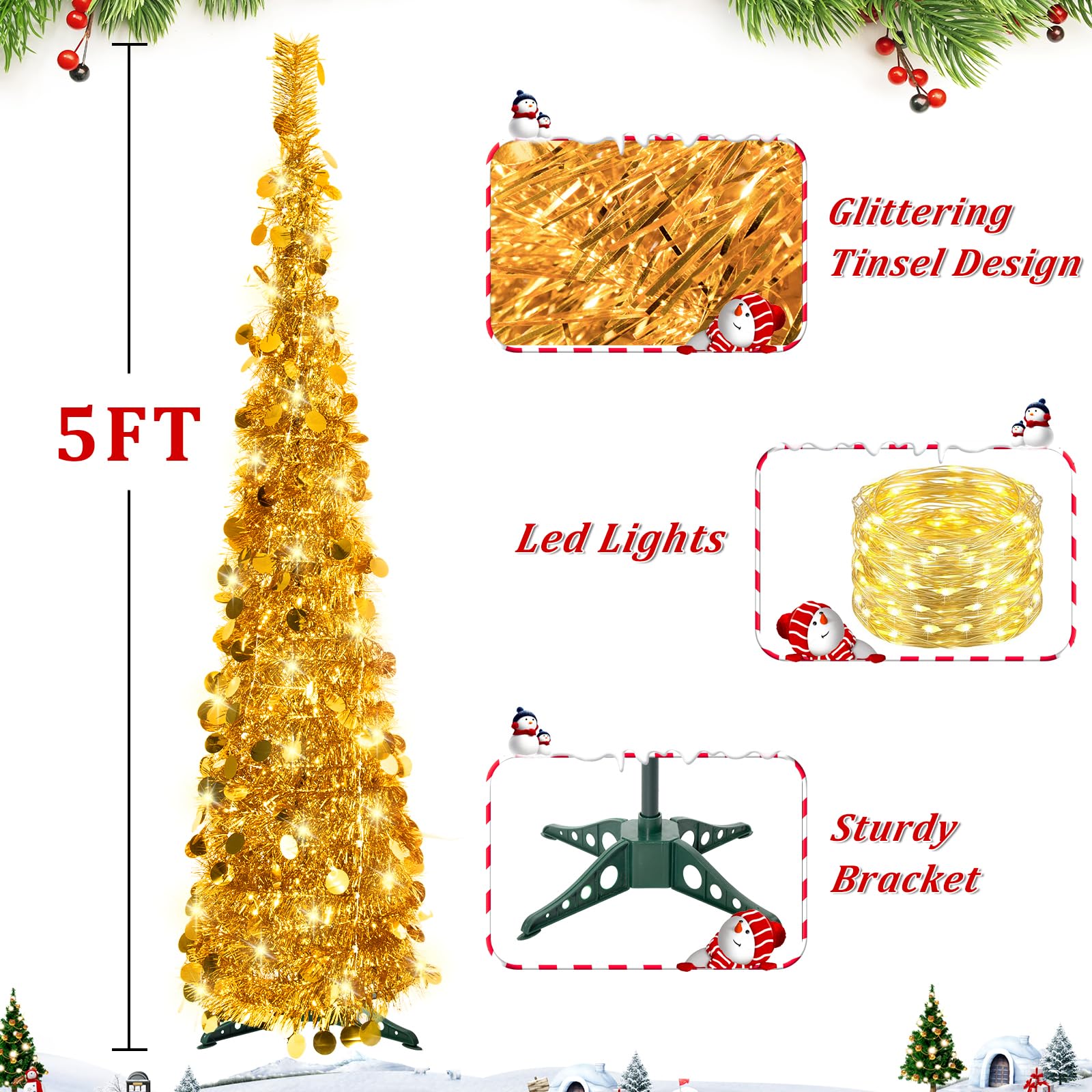 Sapin de Noël pop-up de 1,5 m, pliable et fin - Sapin artificiel fin pour décoration de la maison - Doré