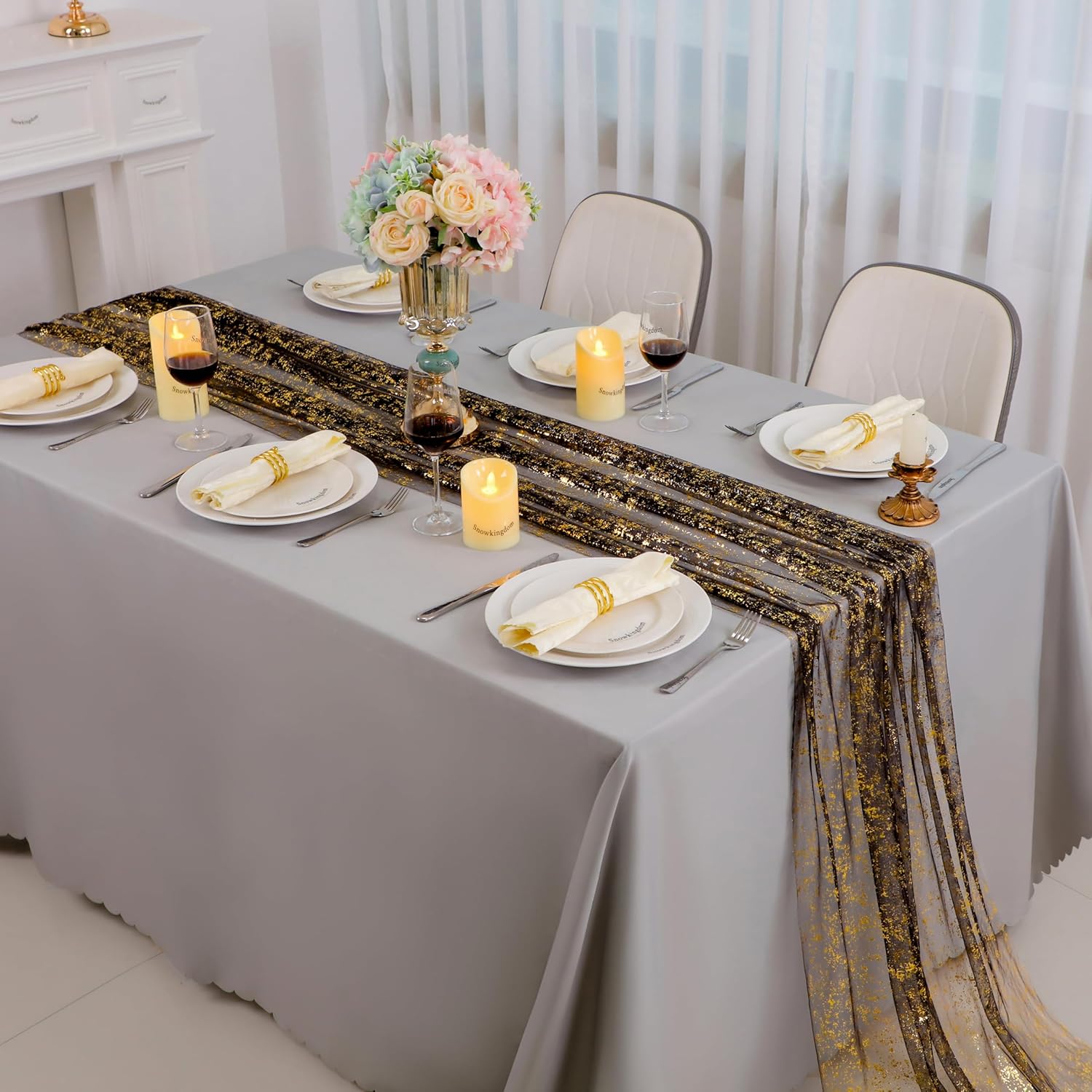 Snowkingdom 6 Pcs Black & Gold Cheesecloth Table Runner 10 FT, Sheer Chiffon Sparkle Gauze Mesh Runners 120 Inch, Glitter Table Centerpieces Decoration for Birthday Party Wedding Christmas Halloween