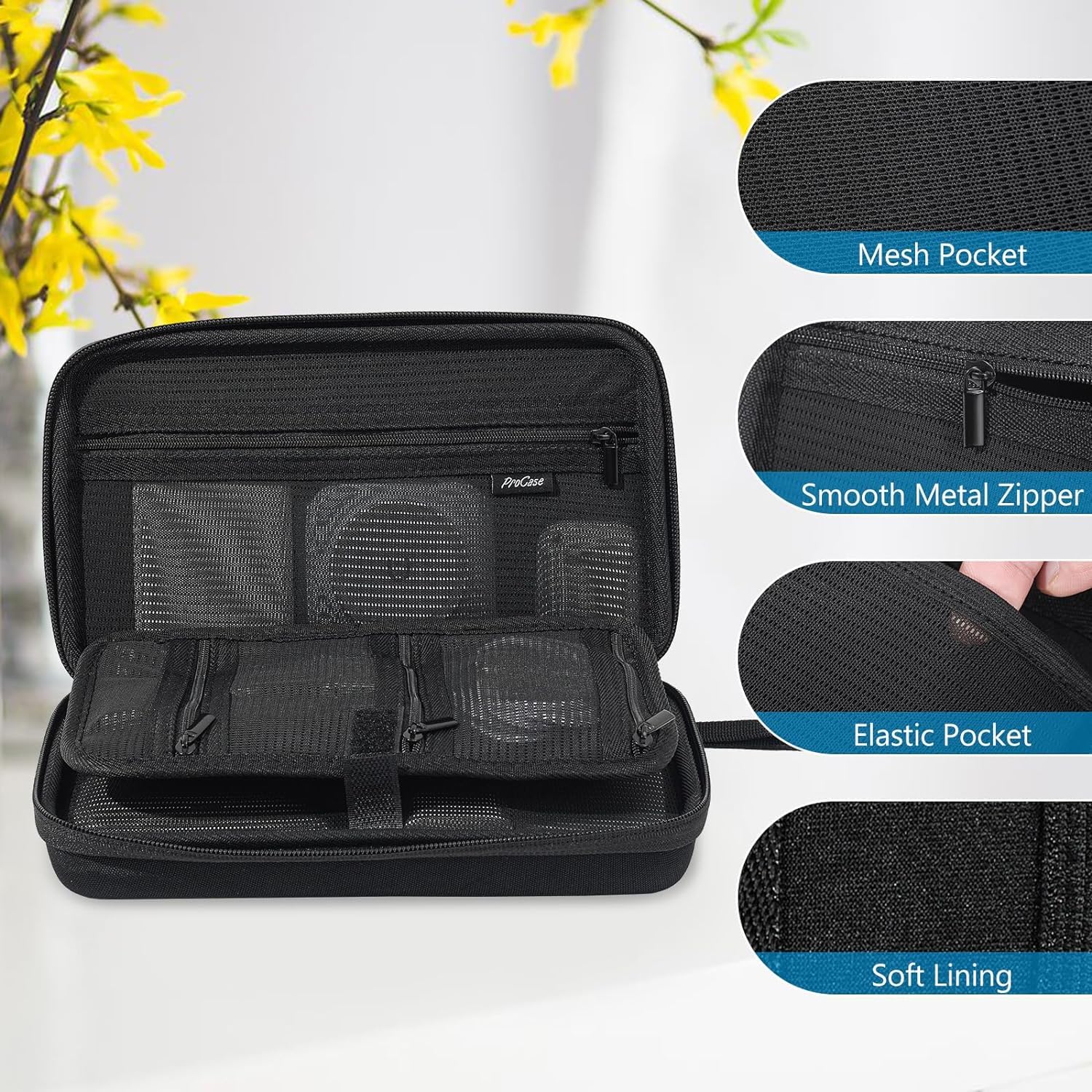 ProCase Étui Rigide de Voyage pour Macbook Adaptateur de Courant Chargeurs Câbles Banque d’Énergie Apple Magic Mouse Apple Pencil USB Flash Disk SD Card -Noir(M)