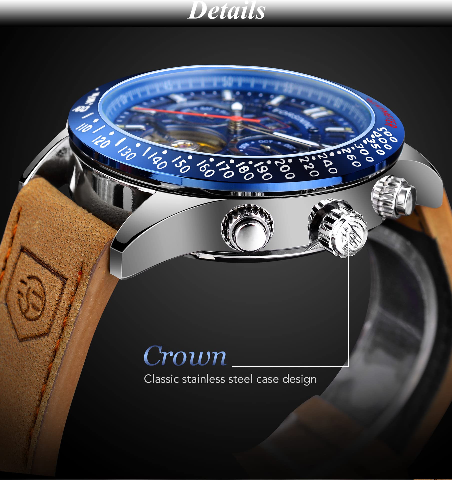 Forsining Herren-Armbanduhr, mechanisch, automatisch, Tourbillon, leuchtende Zeiger, analog, Datum, Luxus, Freizeit, Business, echtes Lederband, blau, Riemen