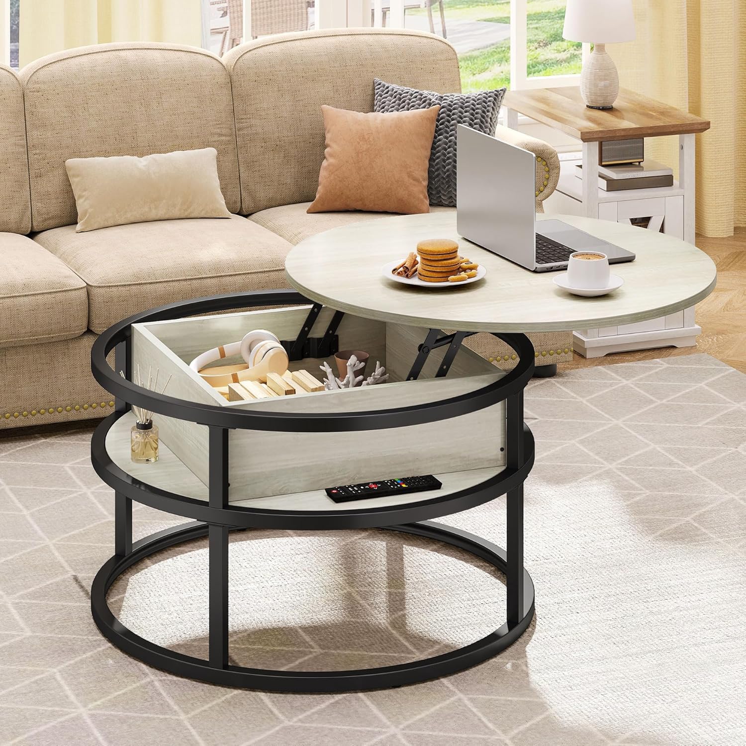 DWVO Coffee Table Round, Coffee Tables for Living Room, Lift Top Coffee Table with Storage and Hidden Compartment