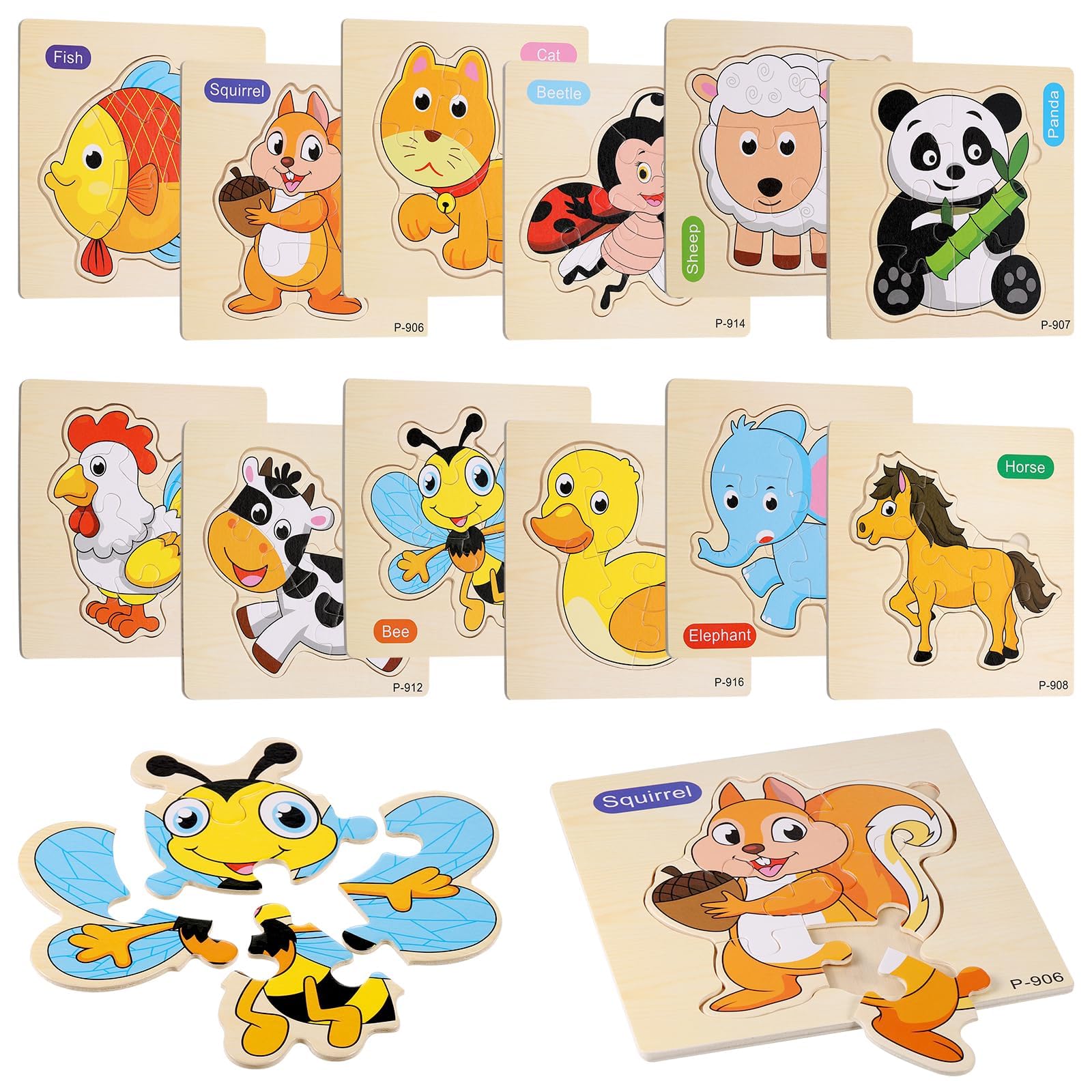 12 Pieces Wooden Puzzles Toys Babies, Educational Montessori Toys, Animal Puzzles Children 1 2 3 Years, Wooden Puzzle for Birthday Christmas Gift
