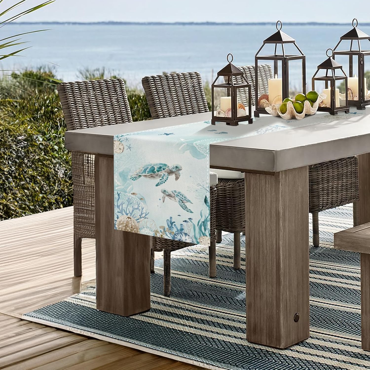 Bonhause Sea Turtle Table Runner 13x72 Inch Nautical Coastal Teal Blue Ocean Theme Summer Kitchen Dinning Table Decoration for Indoor Outdoor Home Party Decor