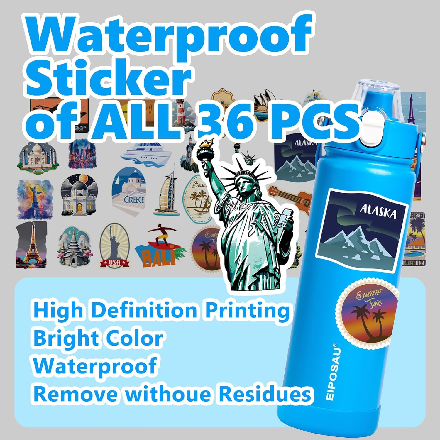 Insulated Water Bottle with Lid & Boot & Stickers, 24 oz Stainless Steel Sweat Free Bottle Keep Cold 24H, BPA-Free Sports Wide Mouth Water Bottle, Blue - Image 7