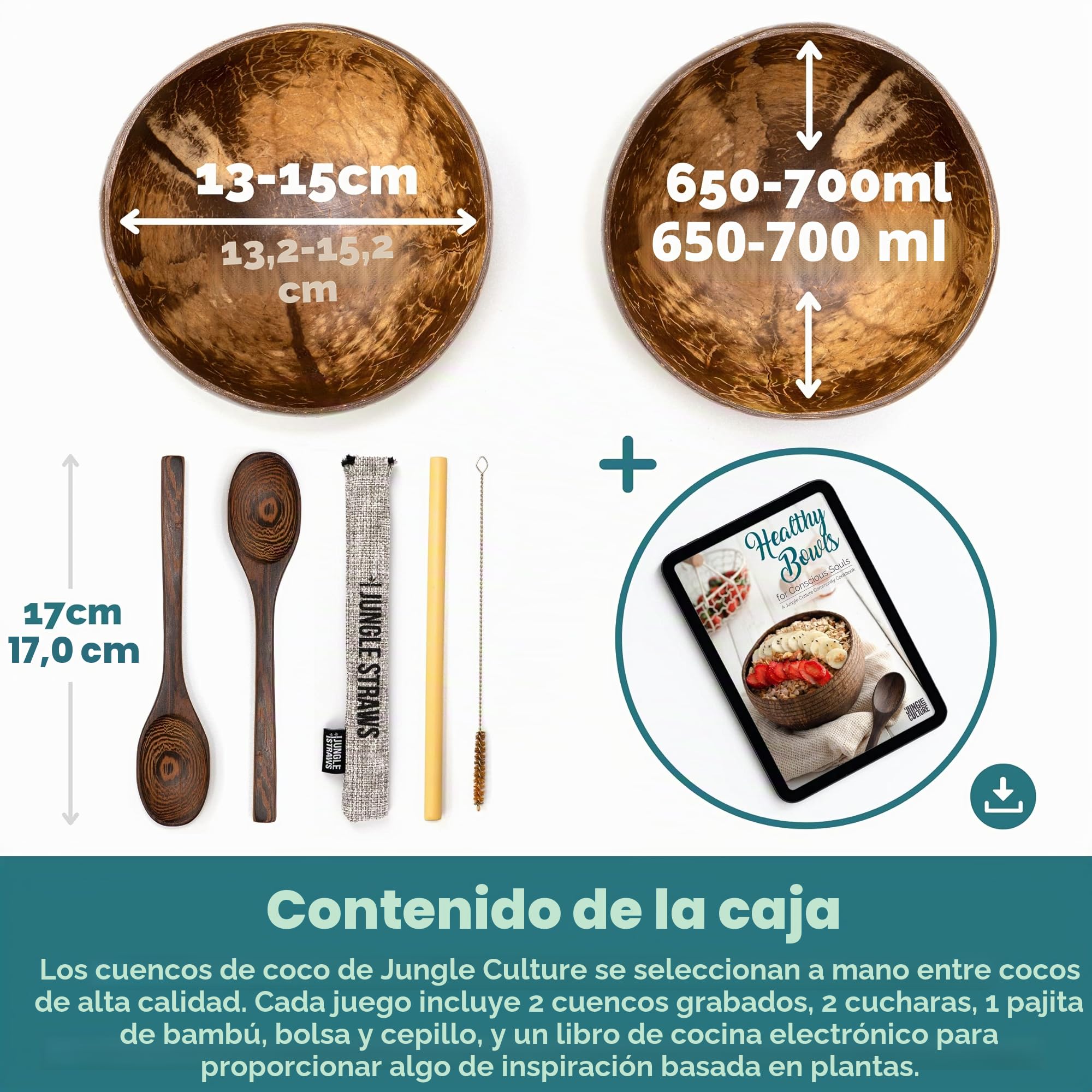 Jungle Culture® Set de 2 Boles de Coco con Cucharas y Pajita de Bambú & Bolsa • Tazones de Coco Natural • Cuenco Madera • Açai Bowl Ecológico y Sostenible • Coconut Bowls • Hecho a Mano en Vietnam