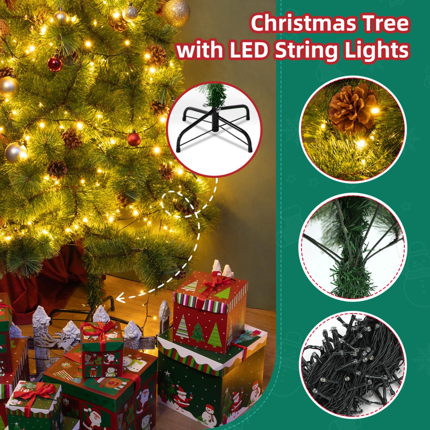 Aigostar 180 CM Árbol de Navidad Artificial,con Cadena de Luces LED de 18 M,300 LED Blanco cálido,8 Modos de Iluminación,Ramas Aguja de Pino con Piñas,Verde,Incluye Soporte de Meta