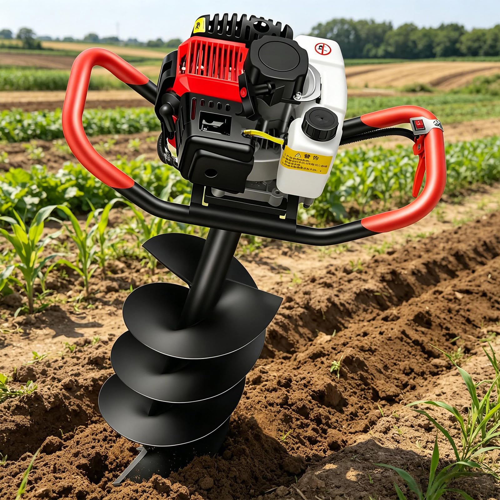 199cc 4-Takt Erdbohrer Benzin,5200w Kabelloser Bodenbohrer Mit 1200ml Tank & Umlaufkühlung,Manganstahl Bohrerspitze Zum Bohren Von Erde,Sand,Kies Und EIS 8cm